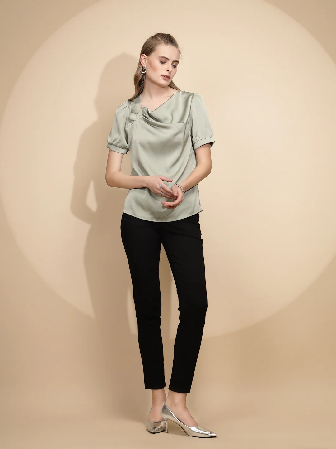 Green Satin Cowl Neck Top - Image 13
