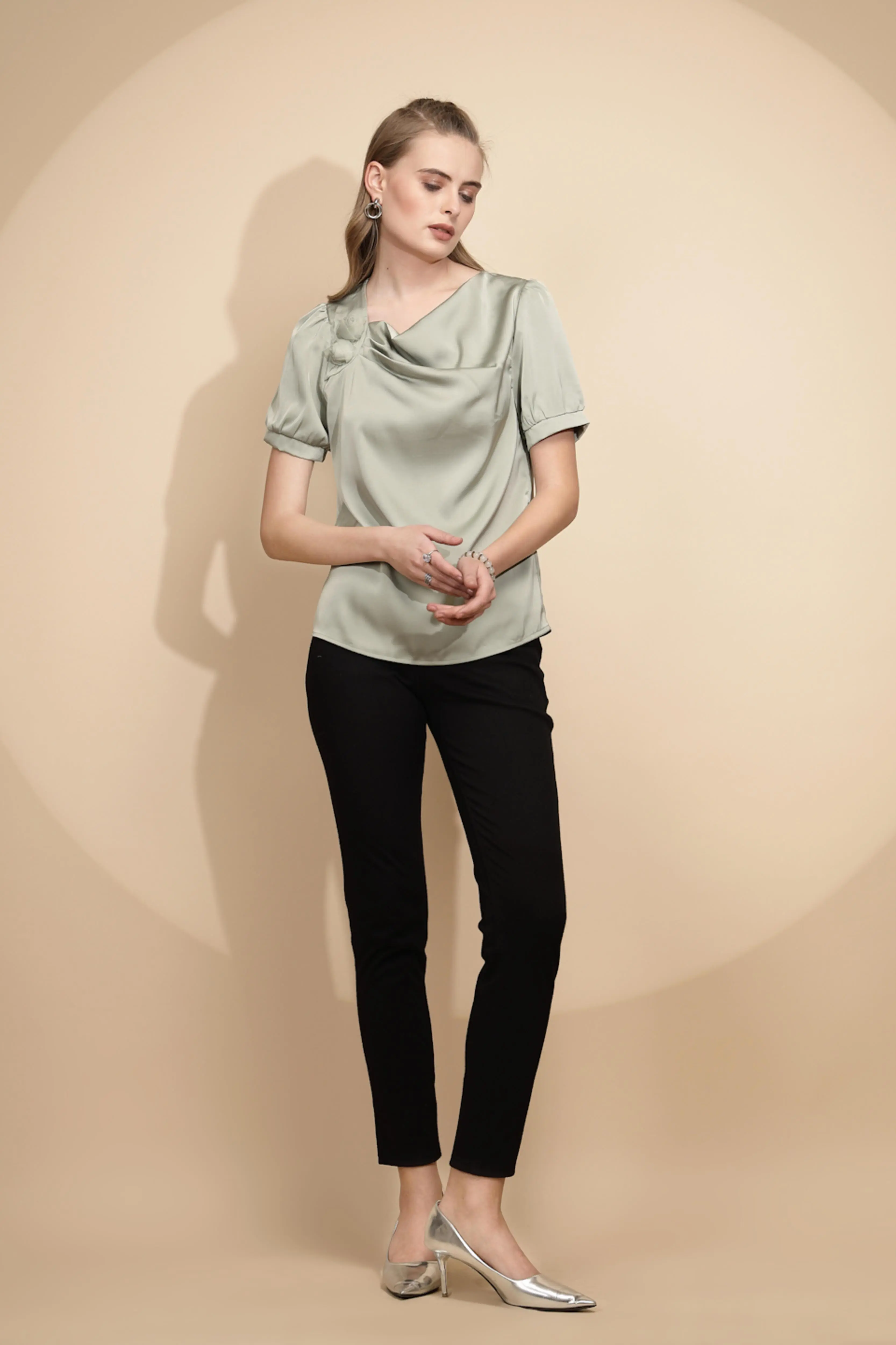 Green Satin Cowl Neck Top - Image 6