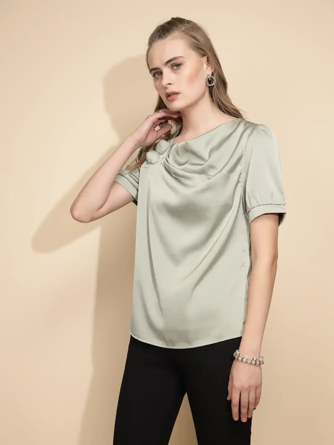 Green Satin Cowl Neck Top - Image 9