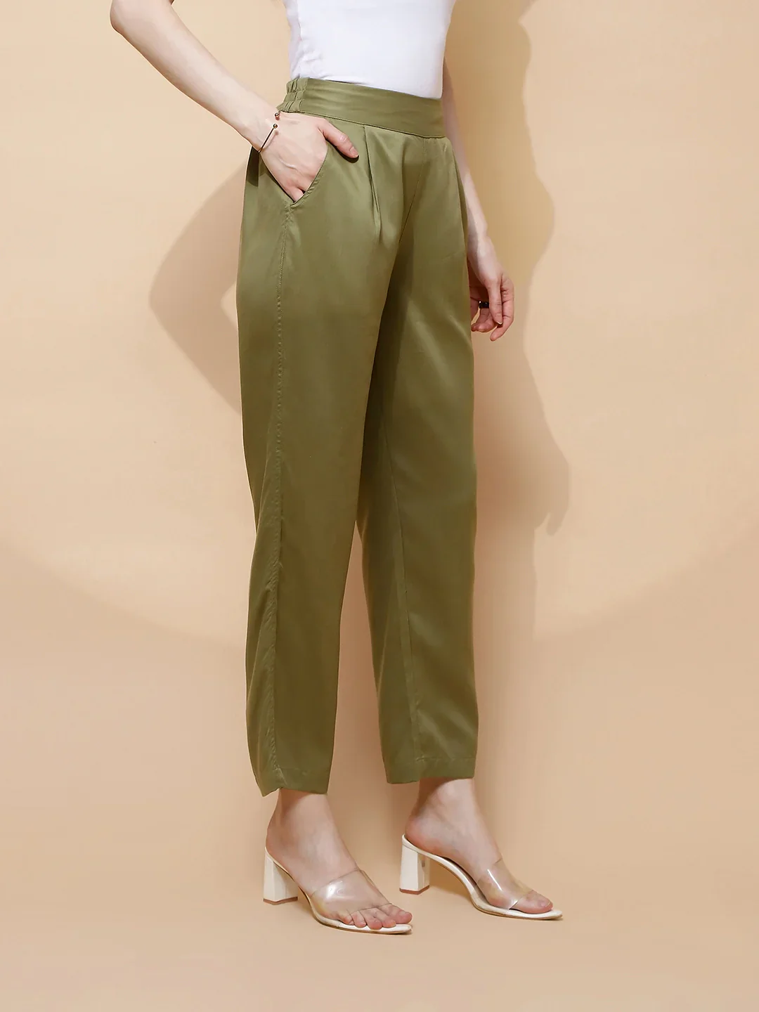 Olive Cotton Viscose Straight Fit Lower - Image 11