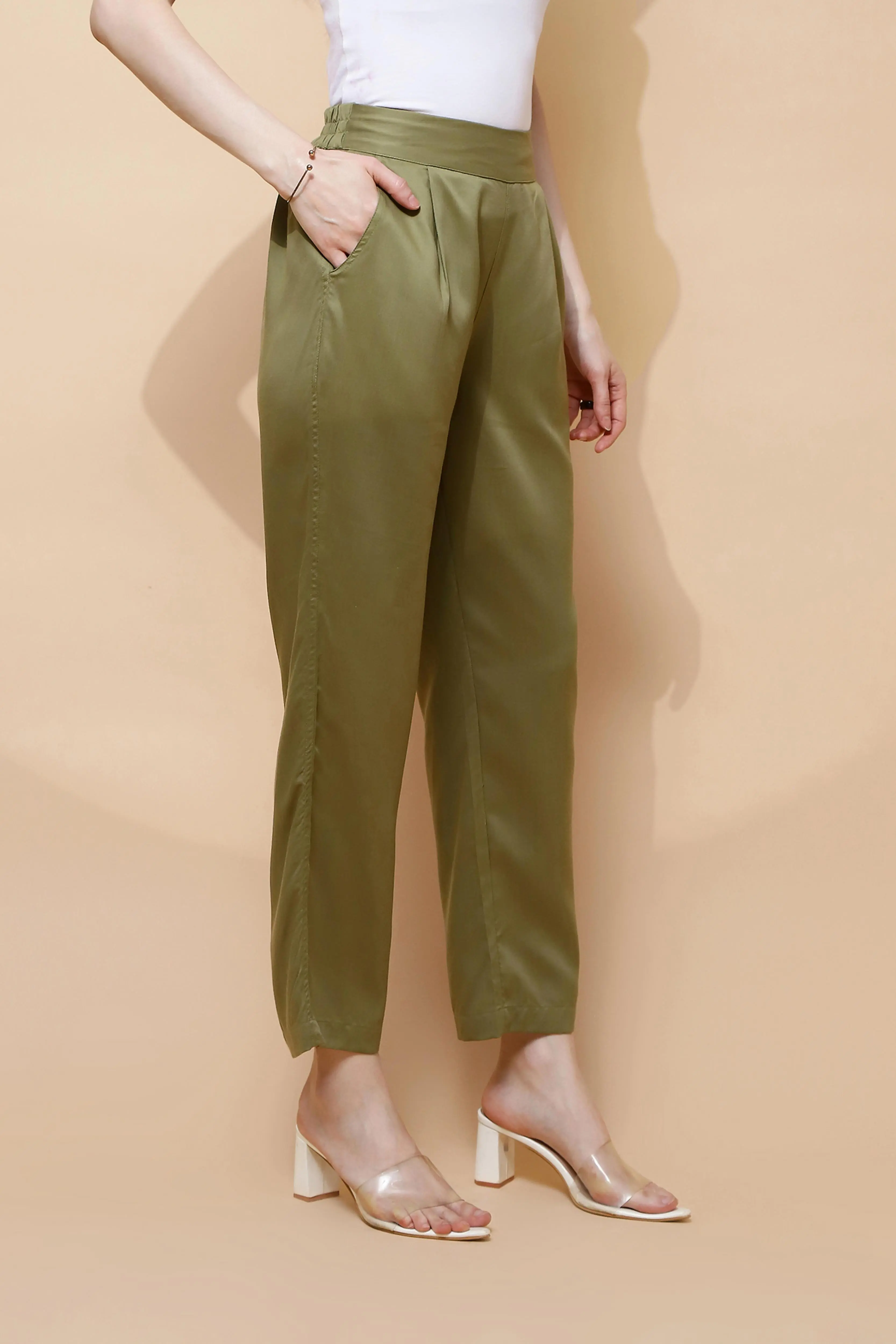 Olive Cotton Viscose Straight Fit Lower - Image 3