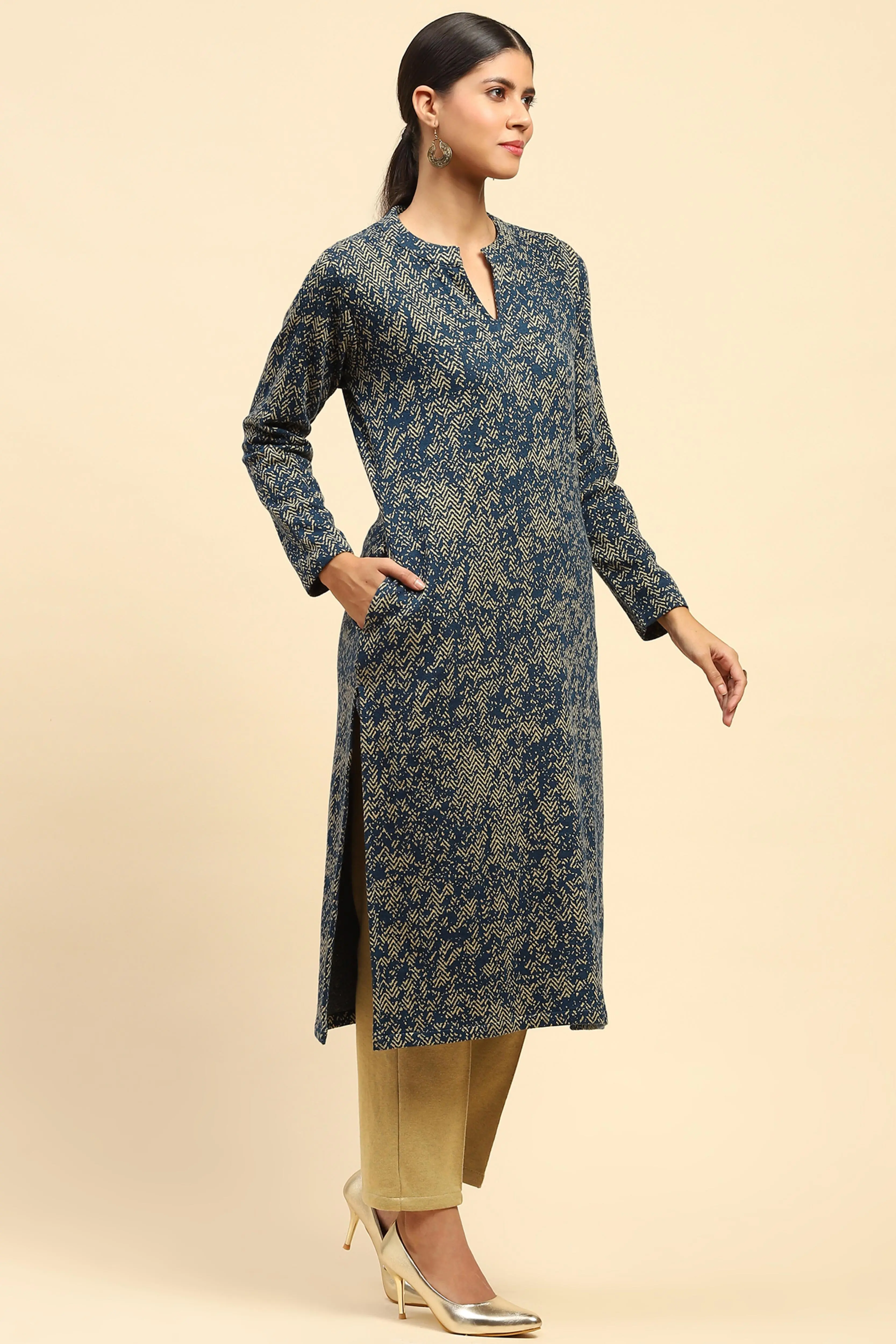 Blue & Beige Woolen Winter Suit Set - Image 3