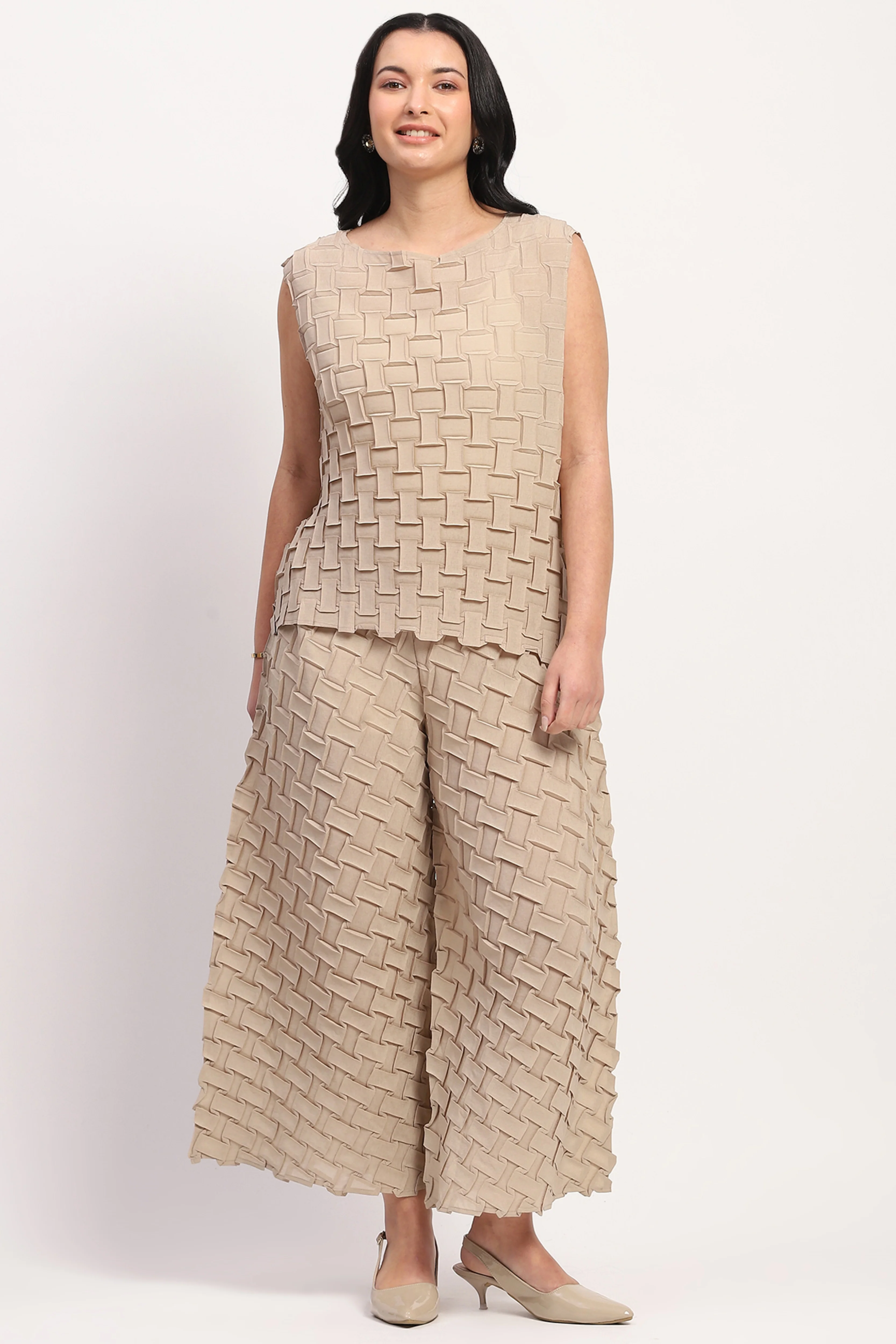 Beige Box Pleated Top & Culottes Set - Image 2