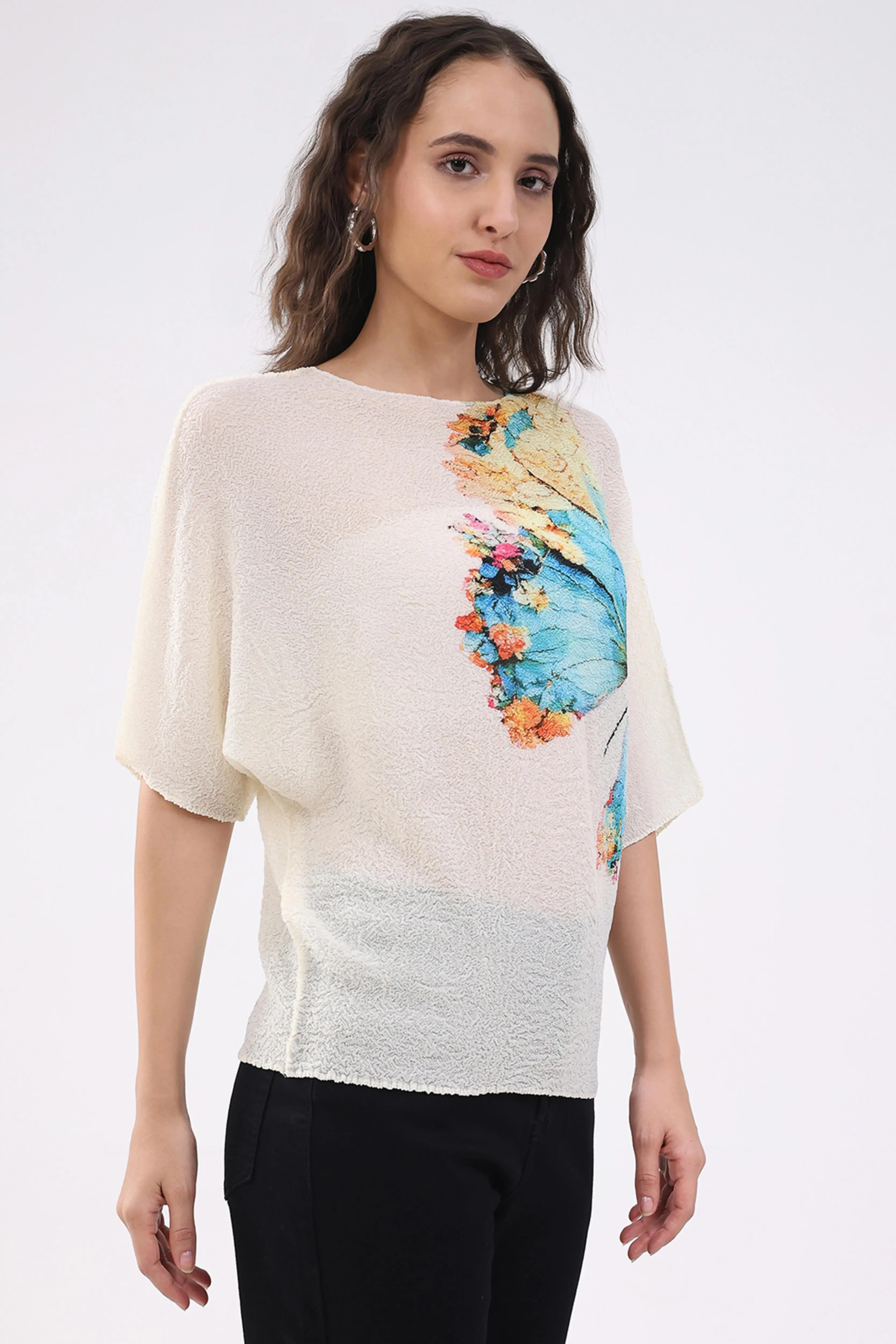 Beige Butterfly Print Stretchable Top - Image 3