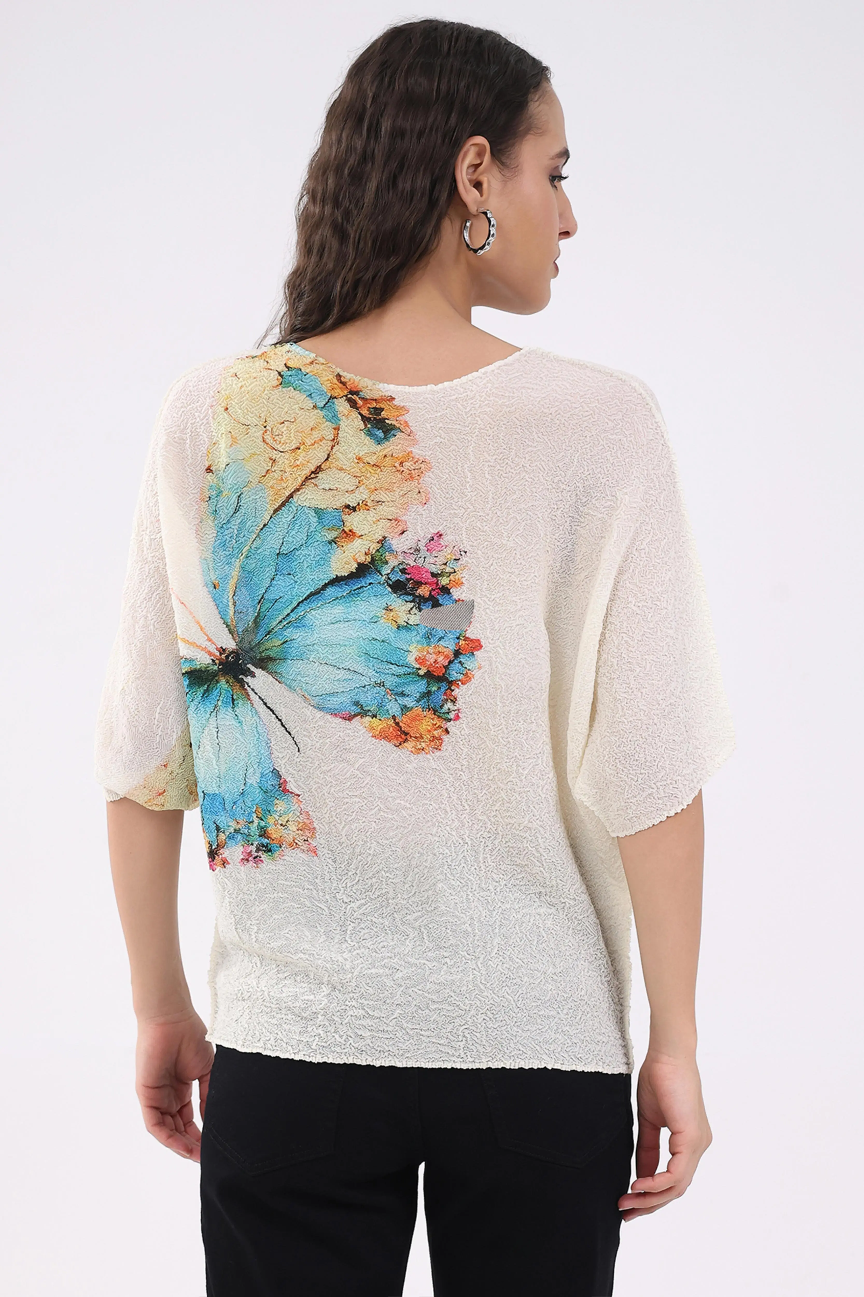 Beige Butterfly Print Stretchable Top - Image 4