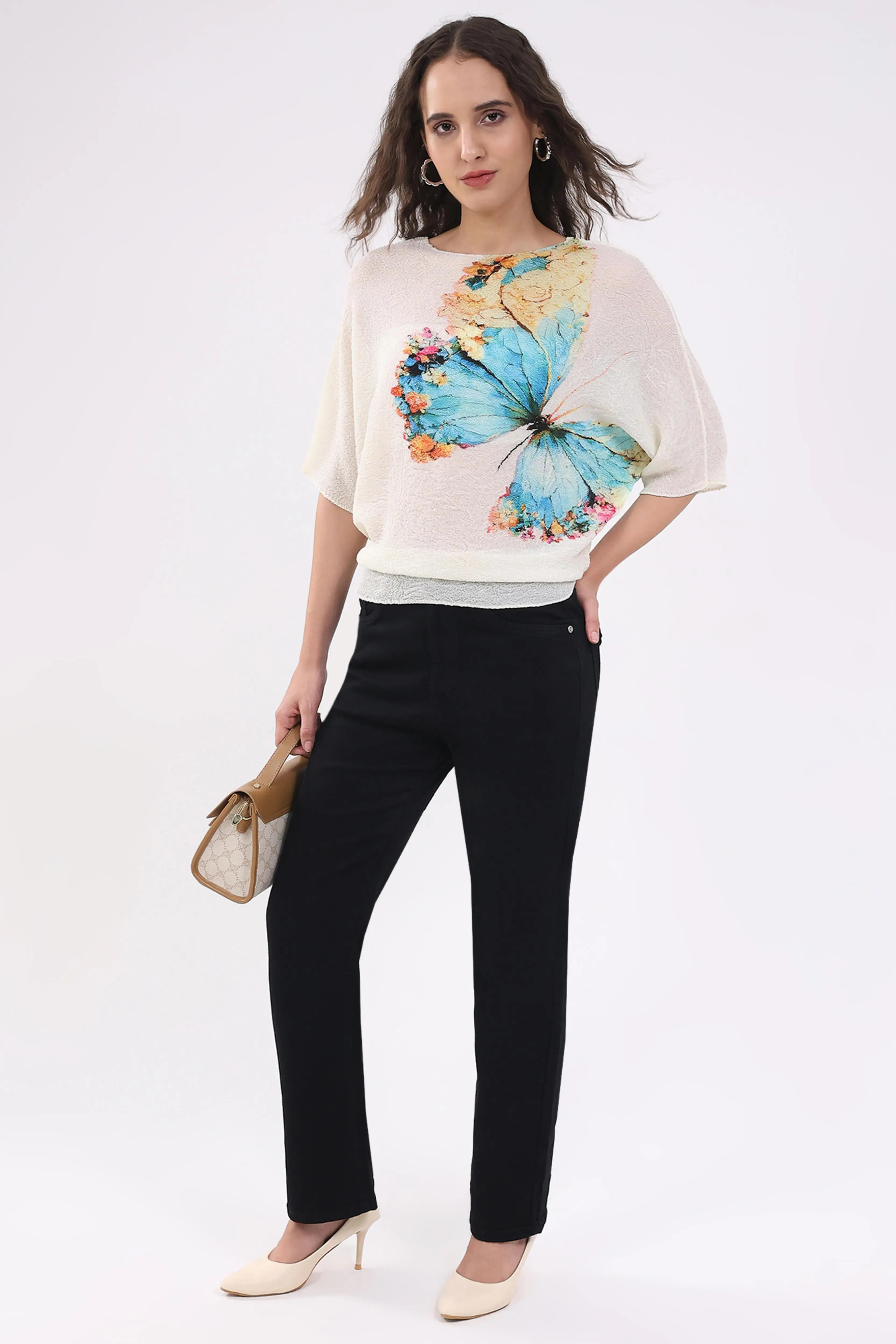 Beige Butterfly Print Stretchable Top - Image 6
