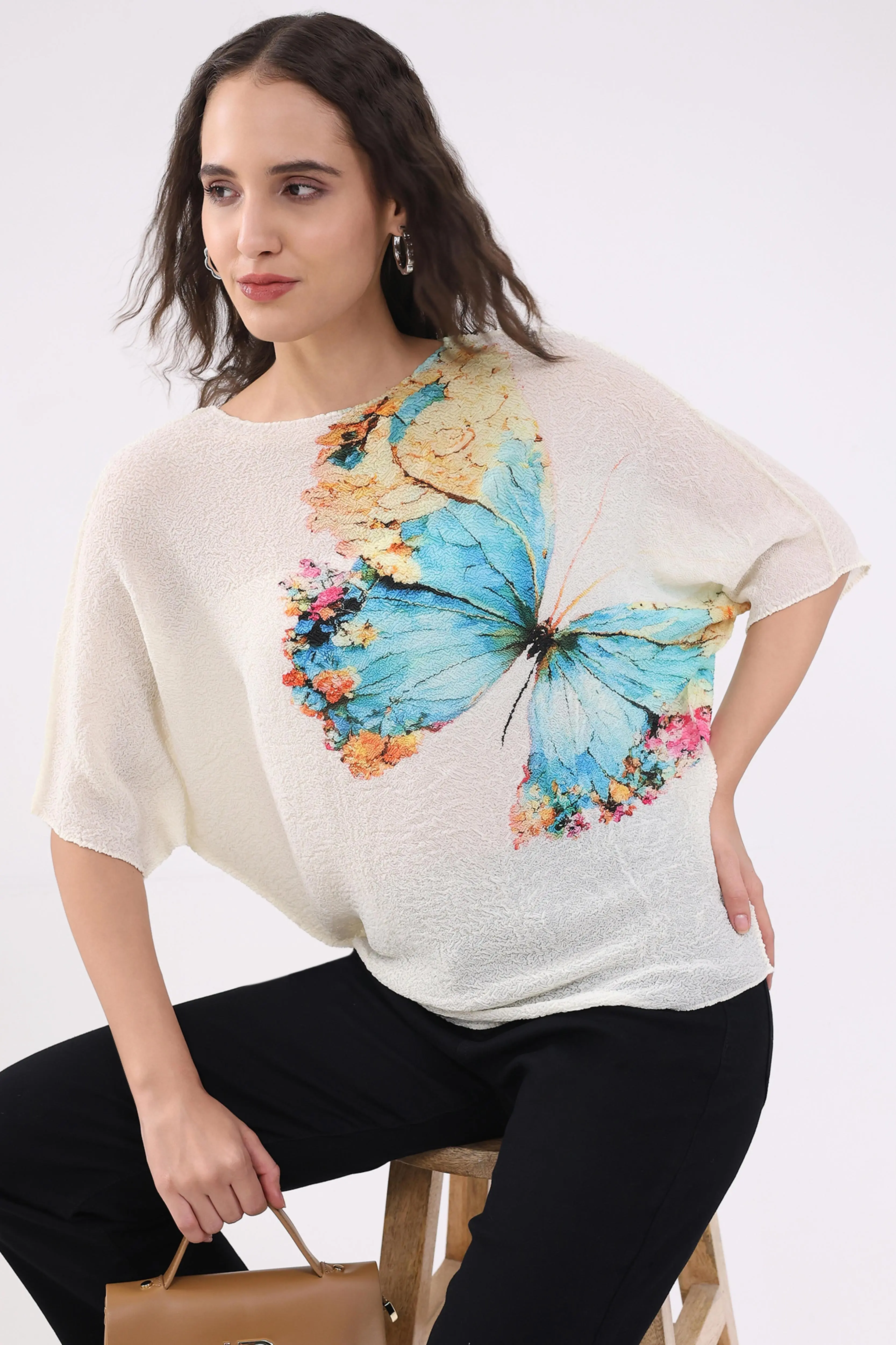 Beige Butterfly Print Stretchable Top - Image 7