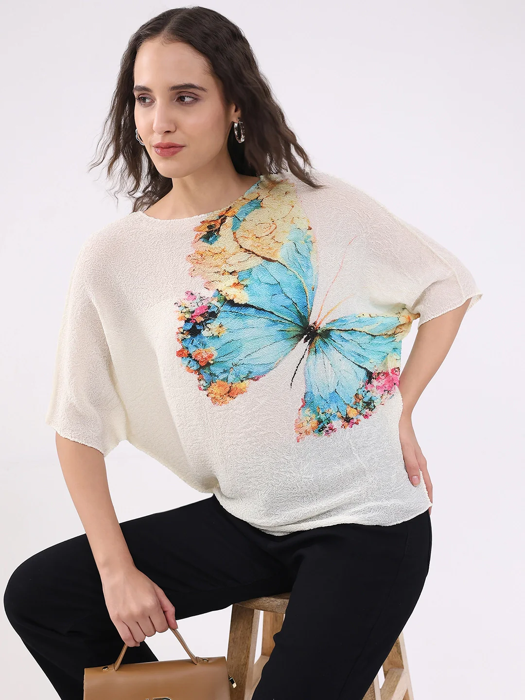 Beige Butterfly Print Stretchable Top - Image 8