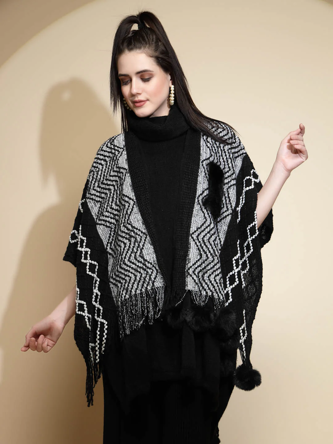 Checkered Acrylic Fur Balls Cape - Image 11