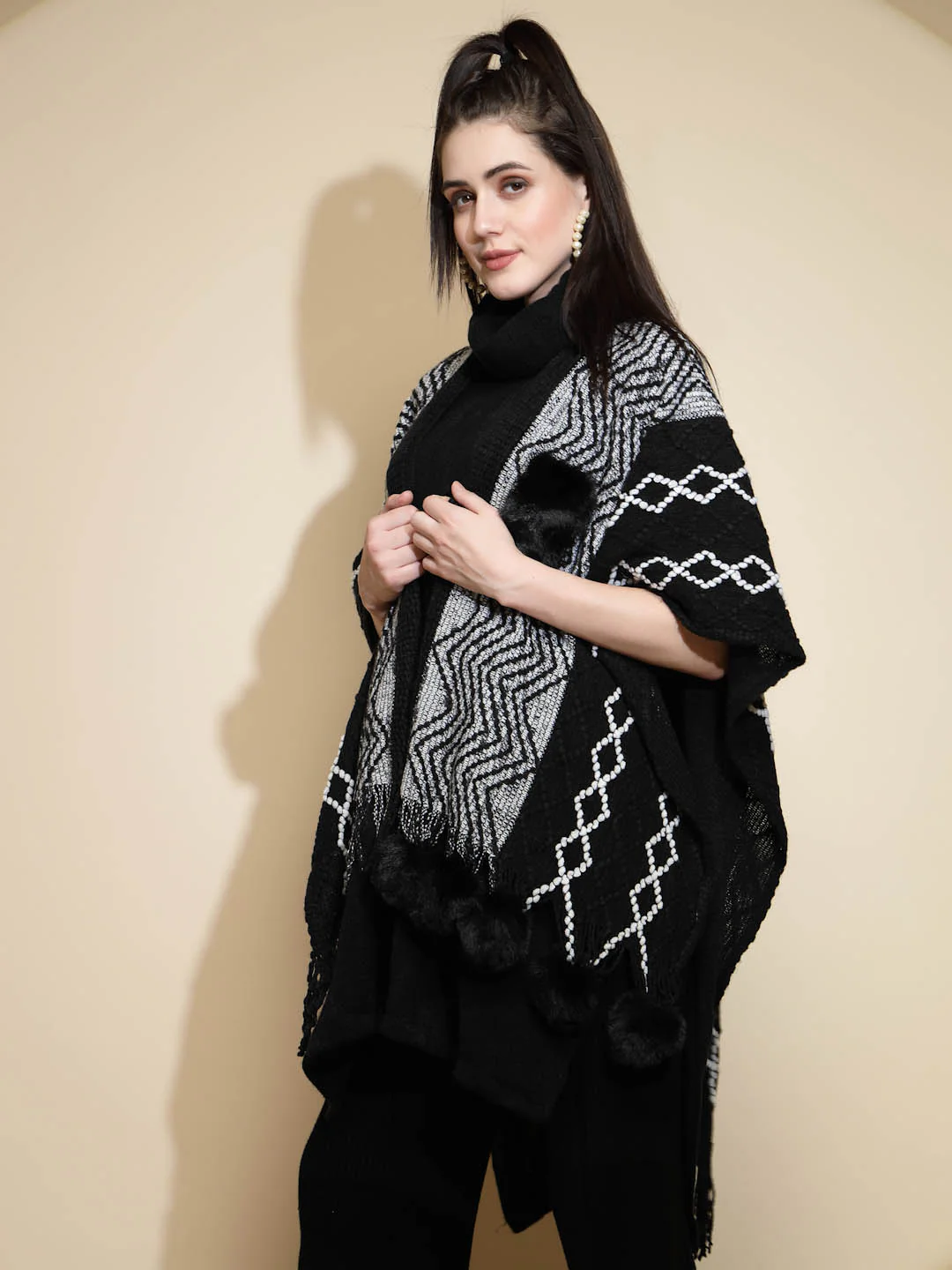 Checkered Acrylic Fur Balls Cape - Image 12
