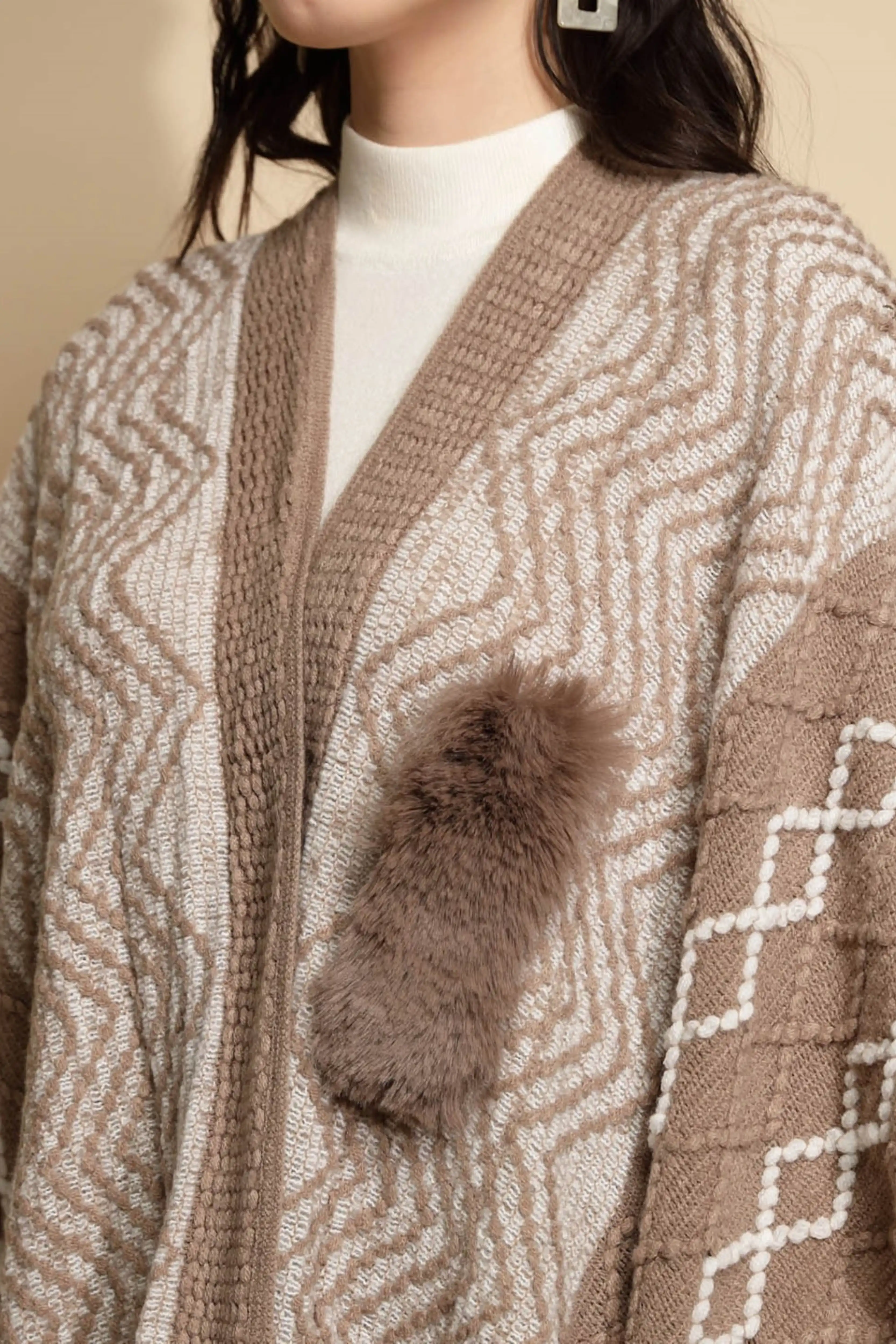 Checkered Acrylic Fur Balls Cape - Image 5