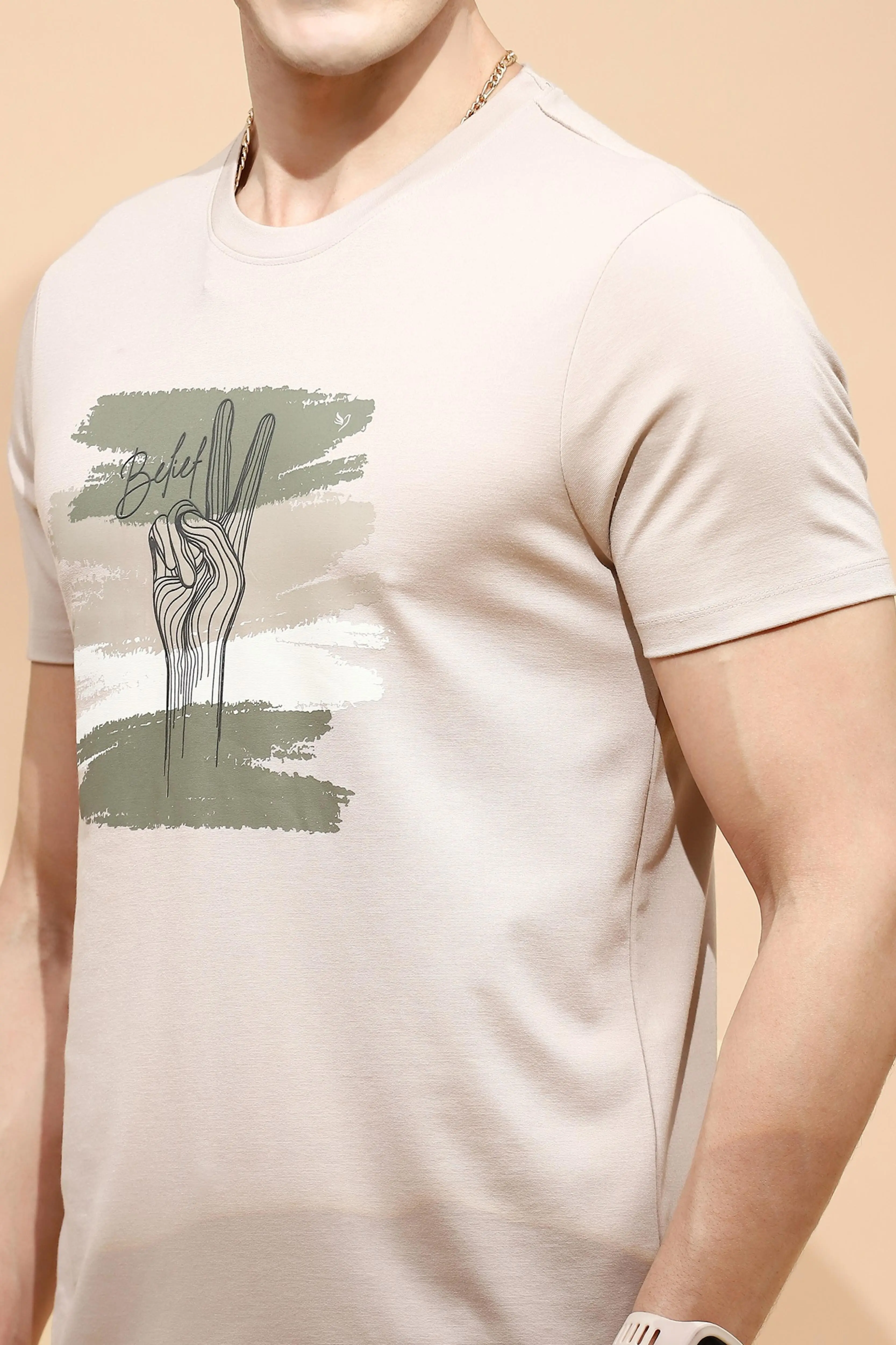 Beige Cotton Blend Regular Fit T-Shirt - Image 5
