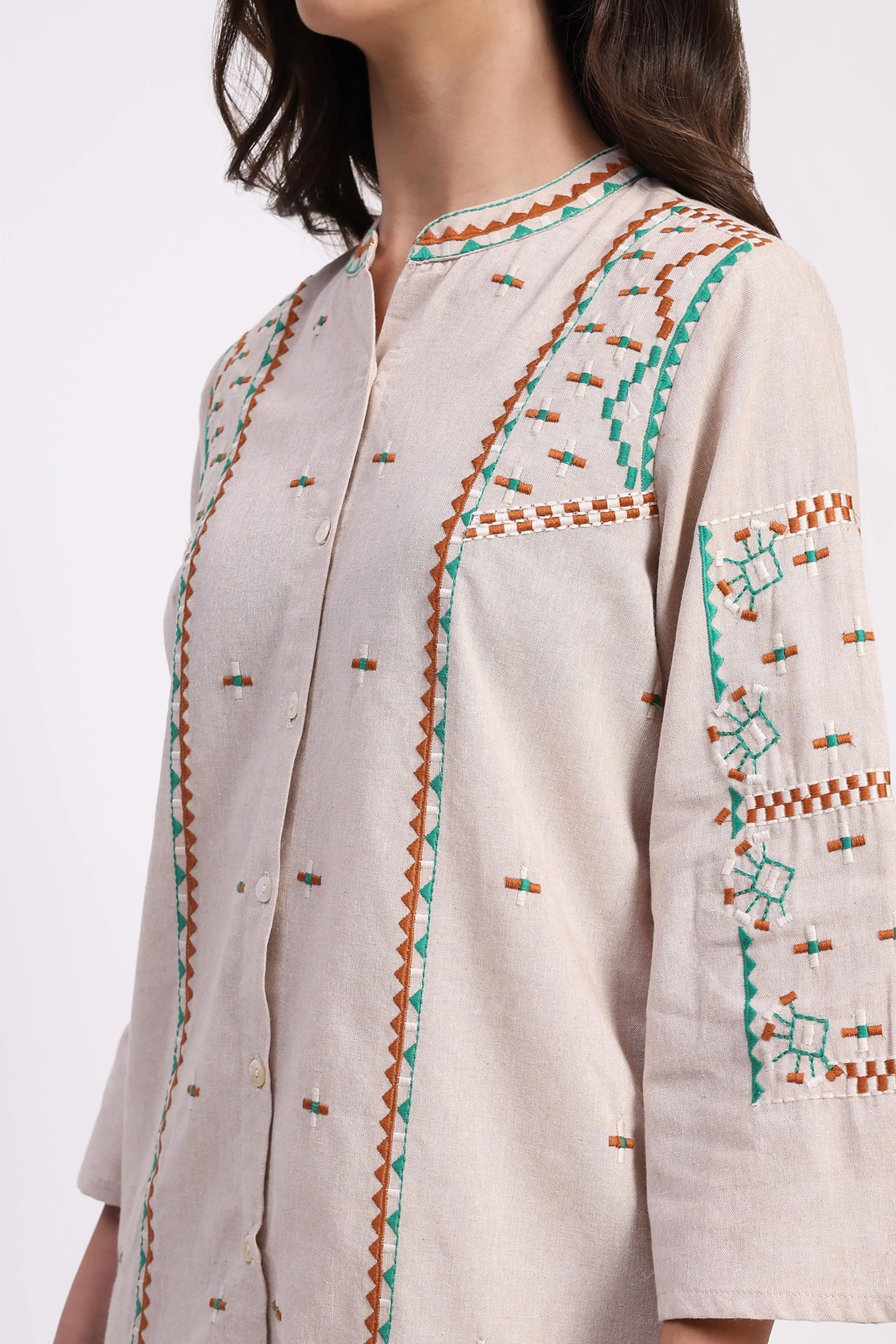 Beige Cotton Embroidered Tunic Set - Image 5
