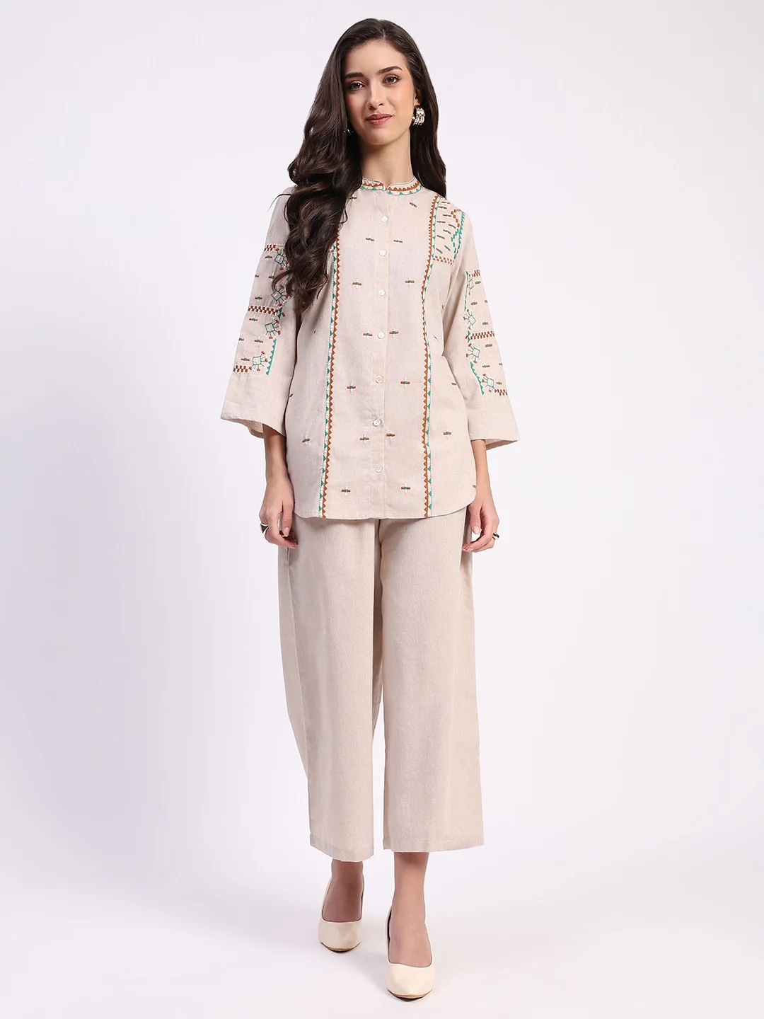 Beige Cotton Embroidered Tunic Set - Image 6