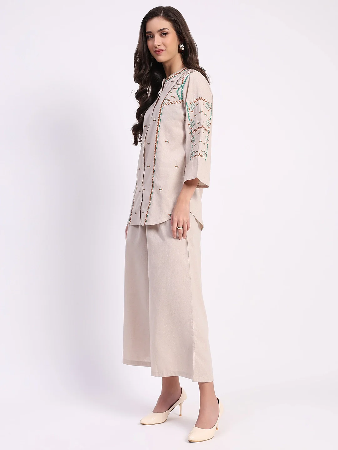 Beige Cotton Embroidered Tunic Set - Image 8