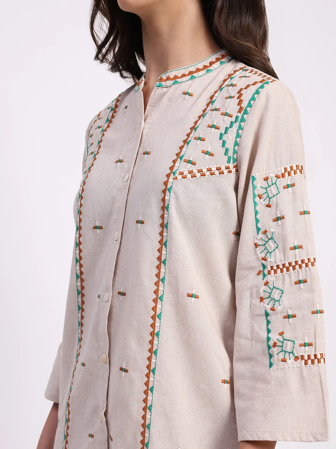Beige Cotton Embroidered Tunic Set - Image 9