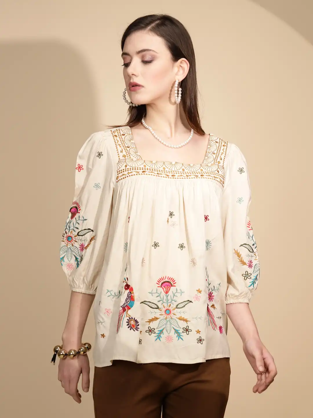Beige Cotton Regular Fit Blouson Top - Image 9