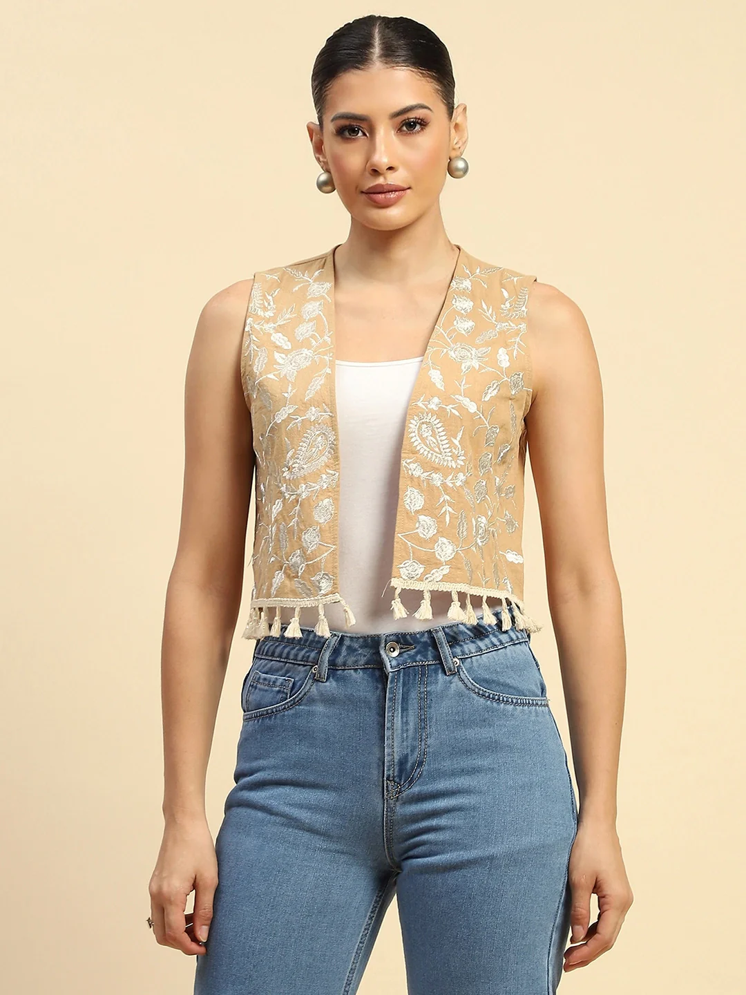 Beige Cotton Embroidered Waist Coat - Image 9