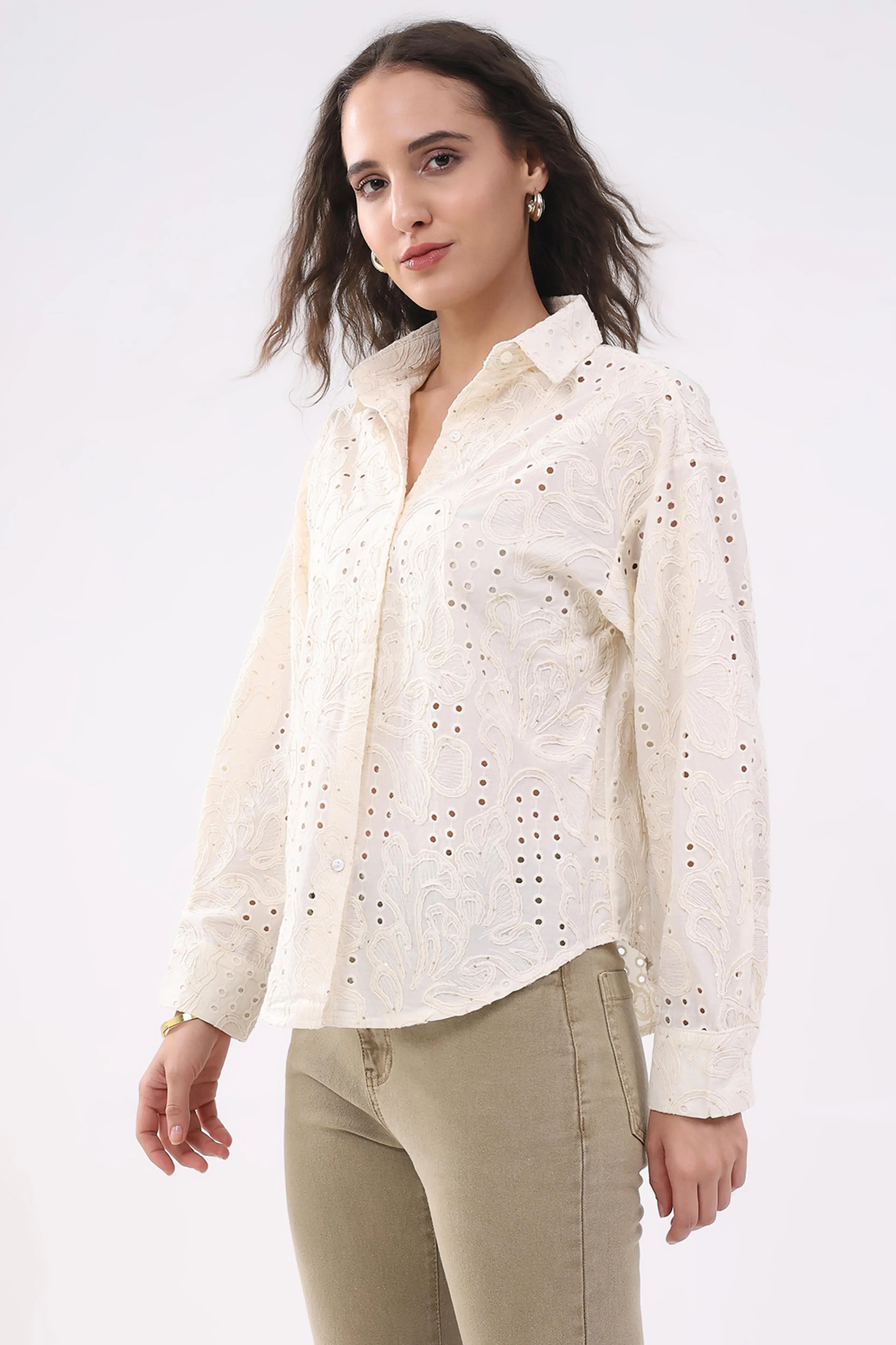 Beige Cotton Schiffili Shirt - Image 4