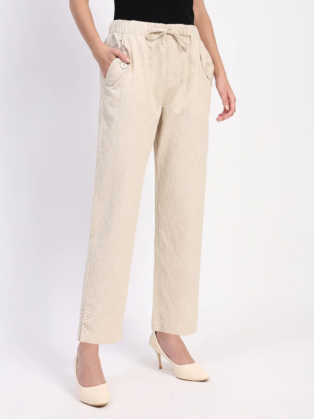 Beige Embroidered Cotton Ankle Lower - Image 9