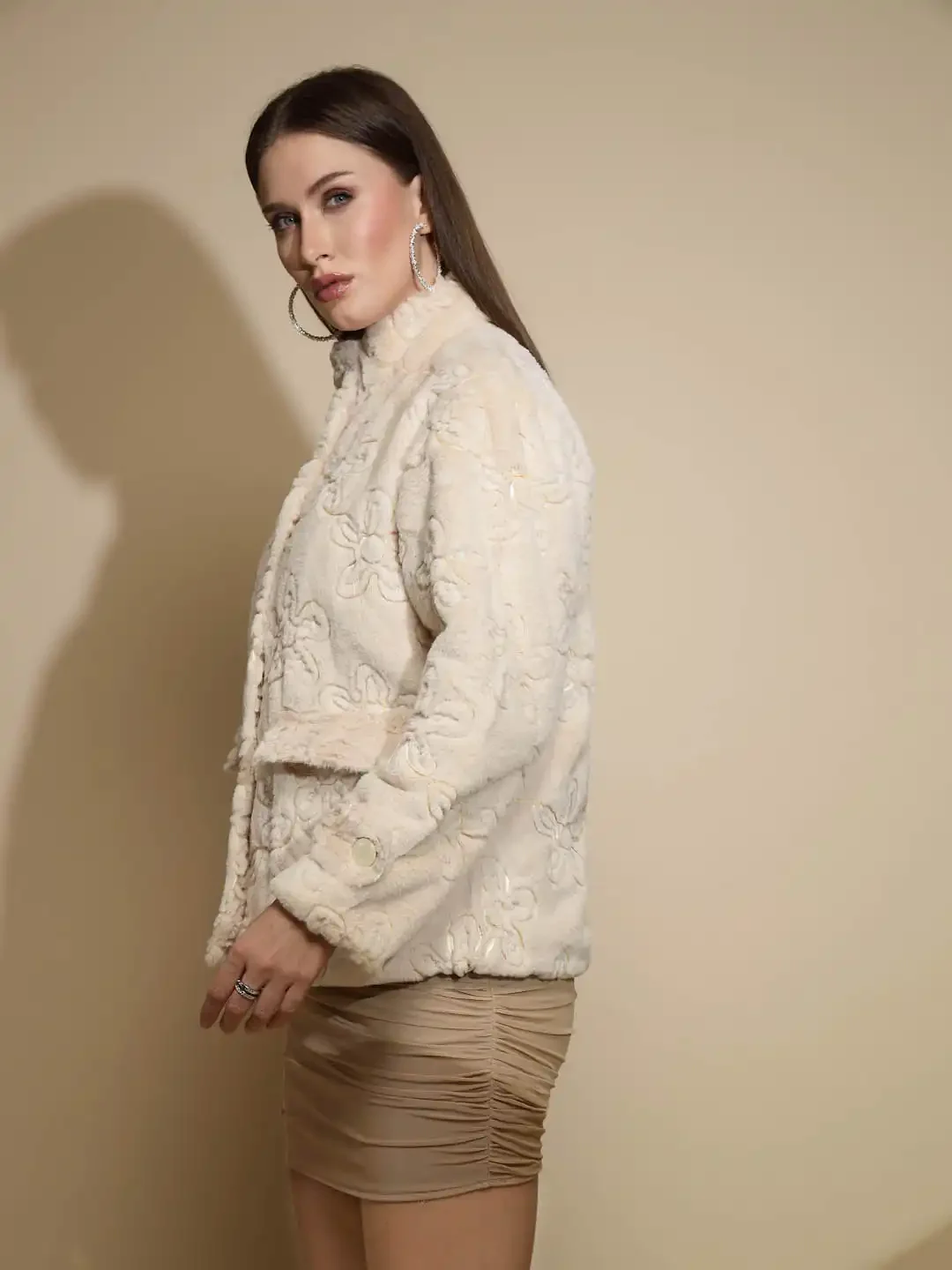 Beige Embossed Woollen Jacket - Image 9