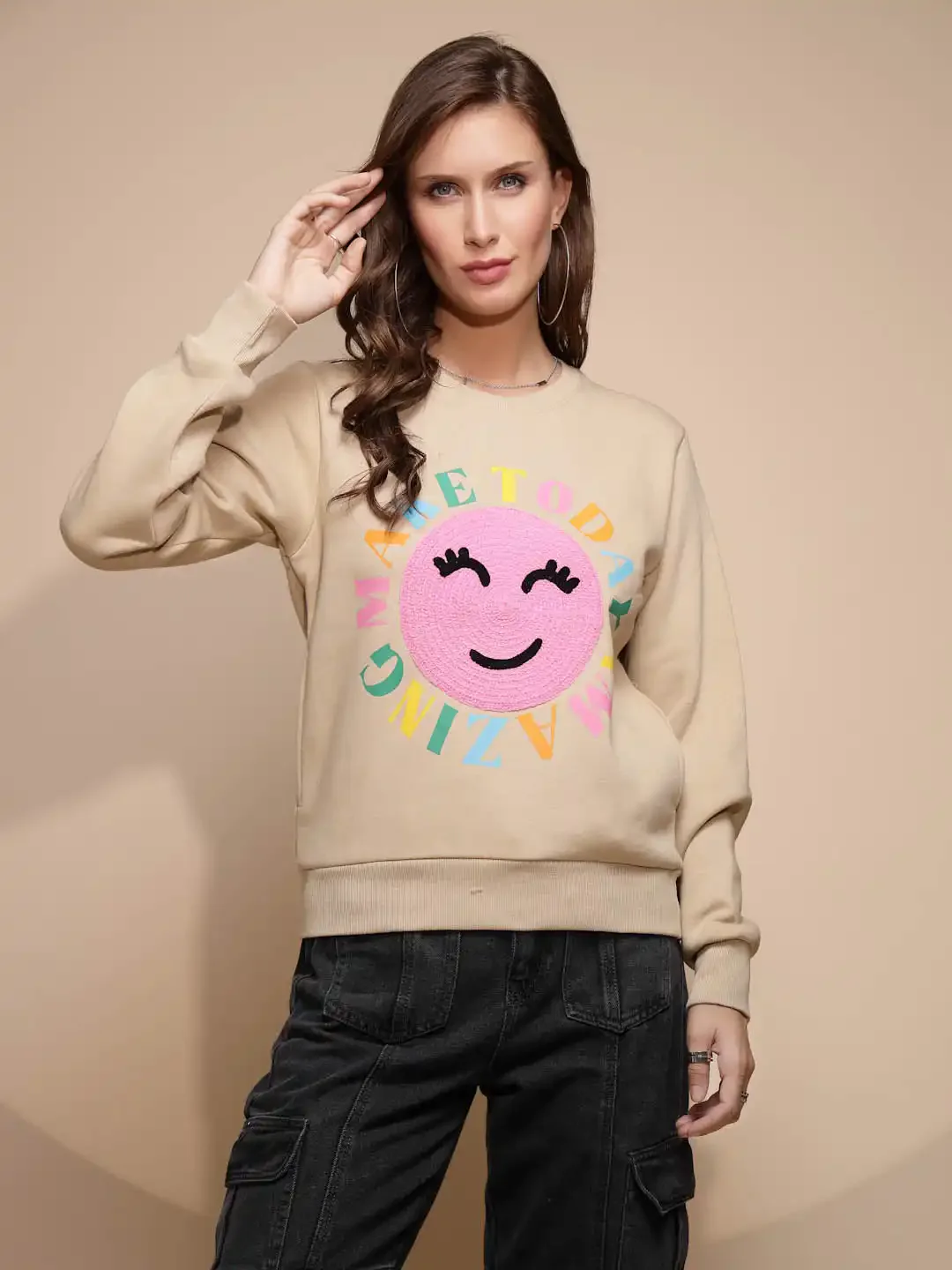 Beige Embroidered Cotton Blend Sweatshirt - Image 8
