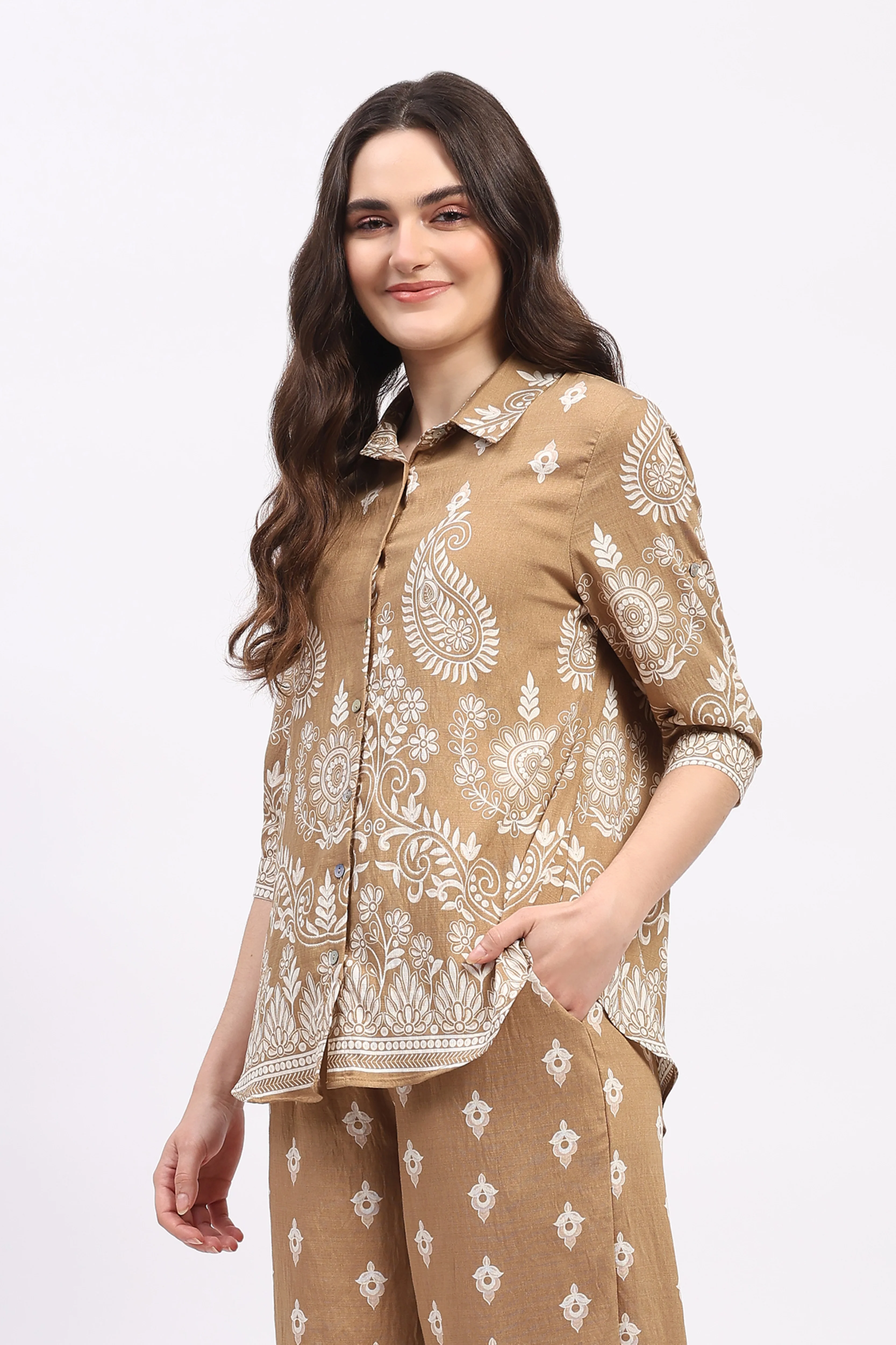 Beige Floral Paisley Print Rayon Co-ord Set - Image 3