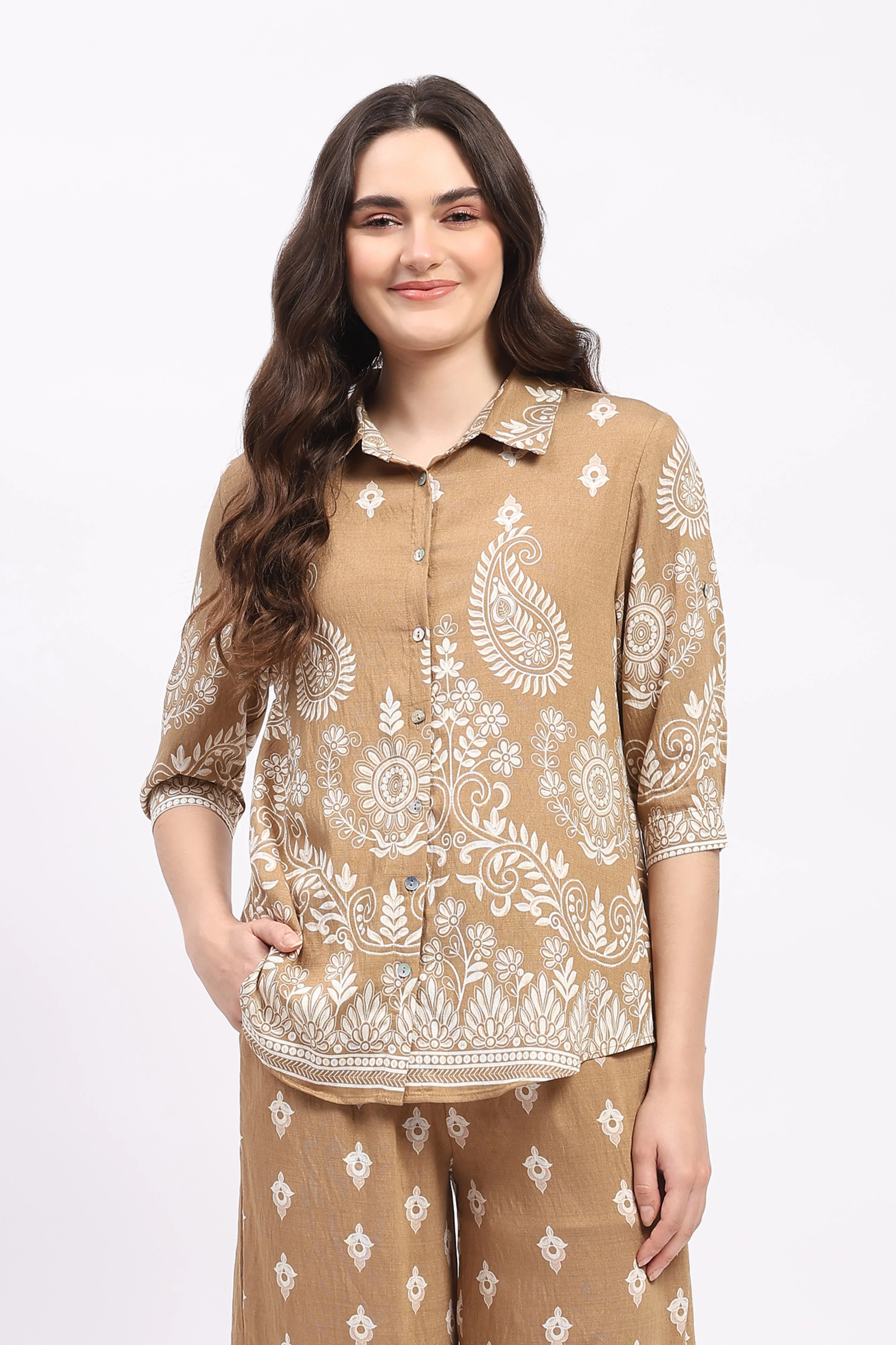 Beige Floral Paisley Print Rayon Shirt - Image 2