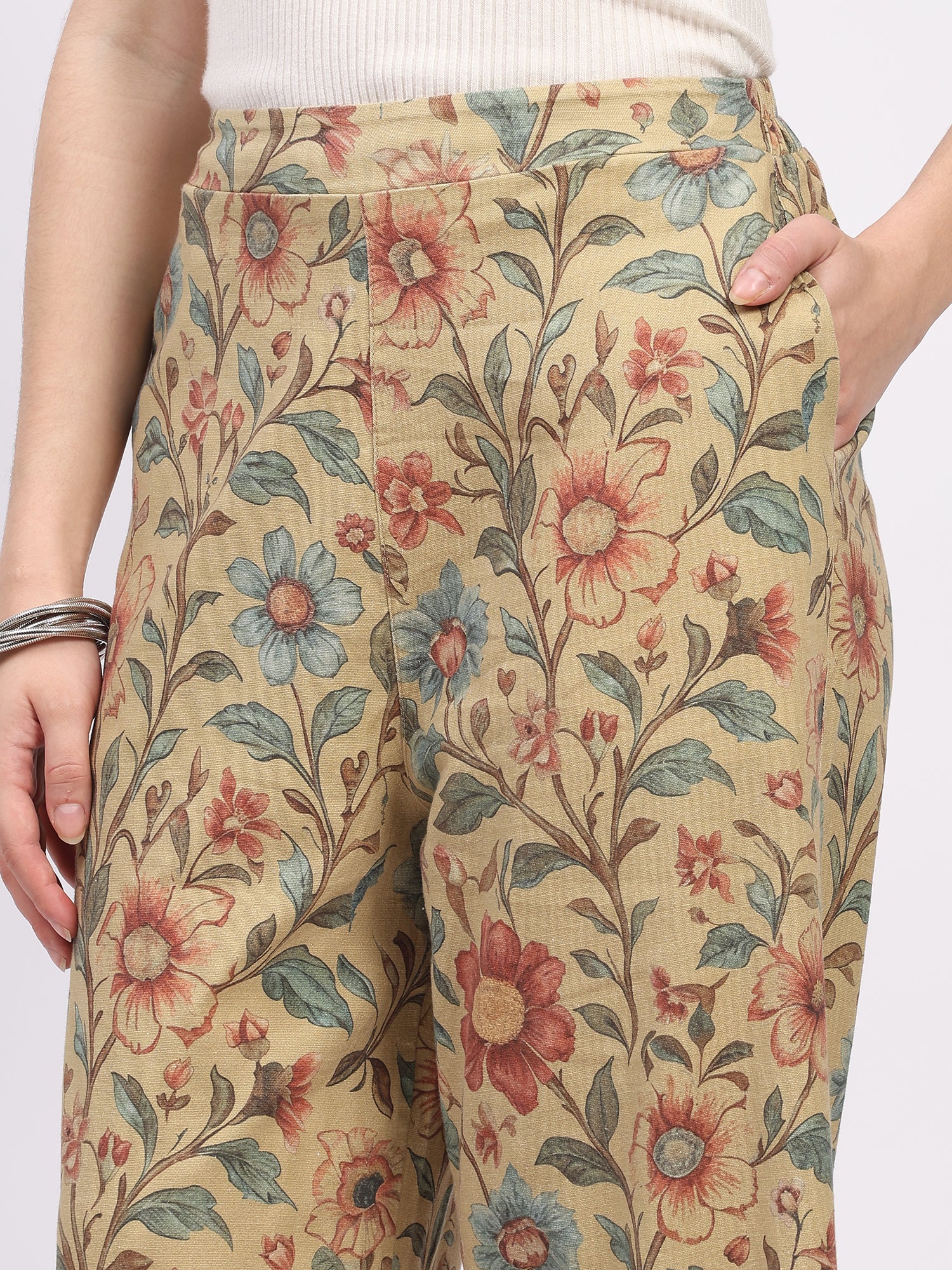 Beige Floral Print Cotton Lower - Image 5