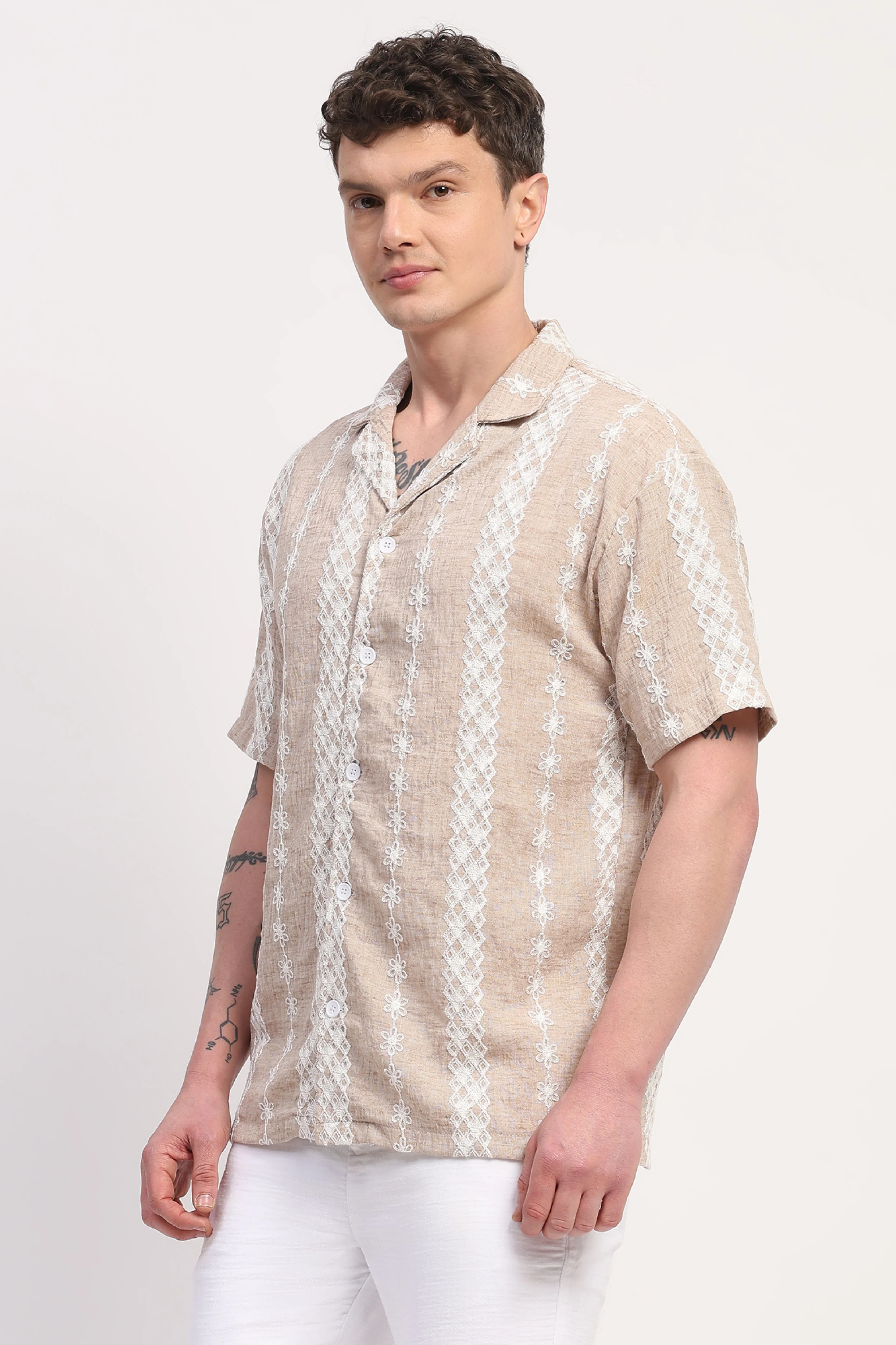 Beige Linen Blend Embroidered Shirt - Image 5