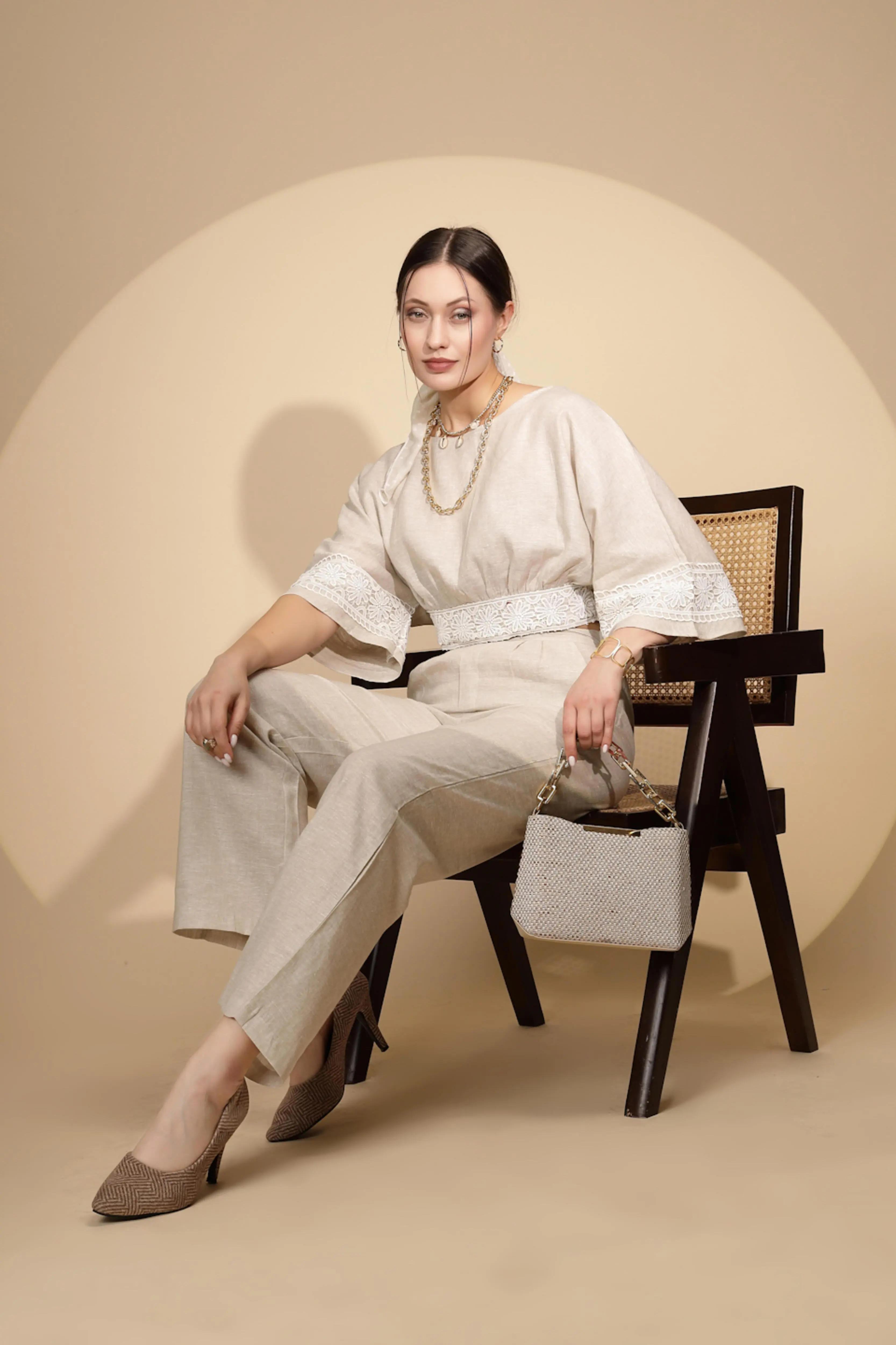 Beige Linen Regular Fit Blouson Top For - Image 7