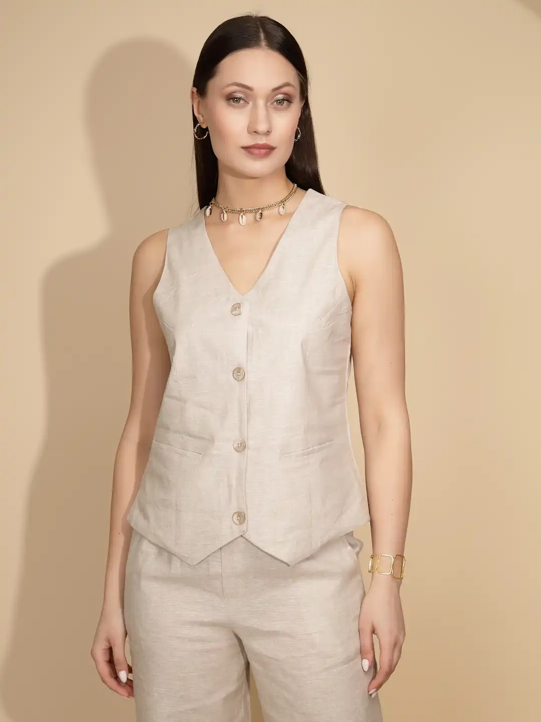 Beige Linen Regular Fit Waist Coat - Image 9