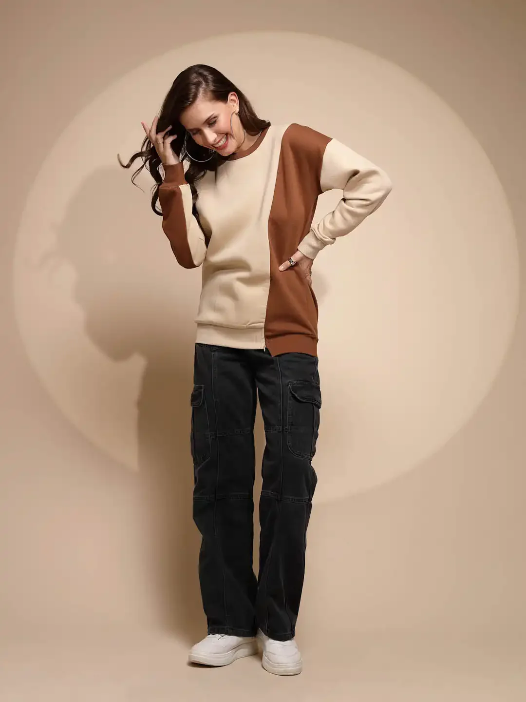 Beige Round Neck Hosiery Sweatshirt - Image 14