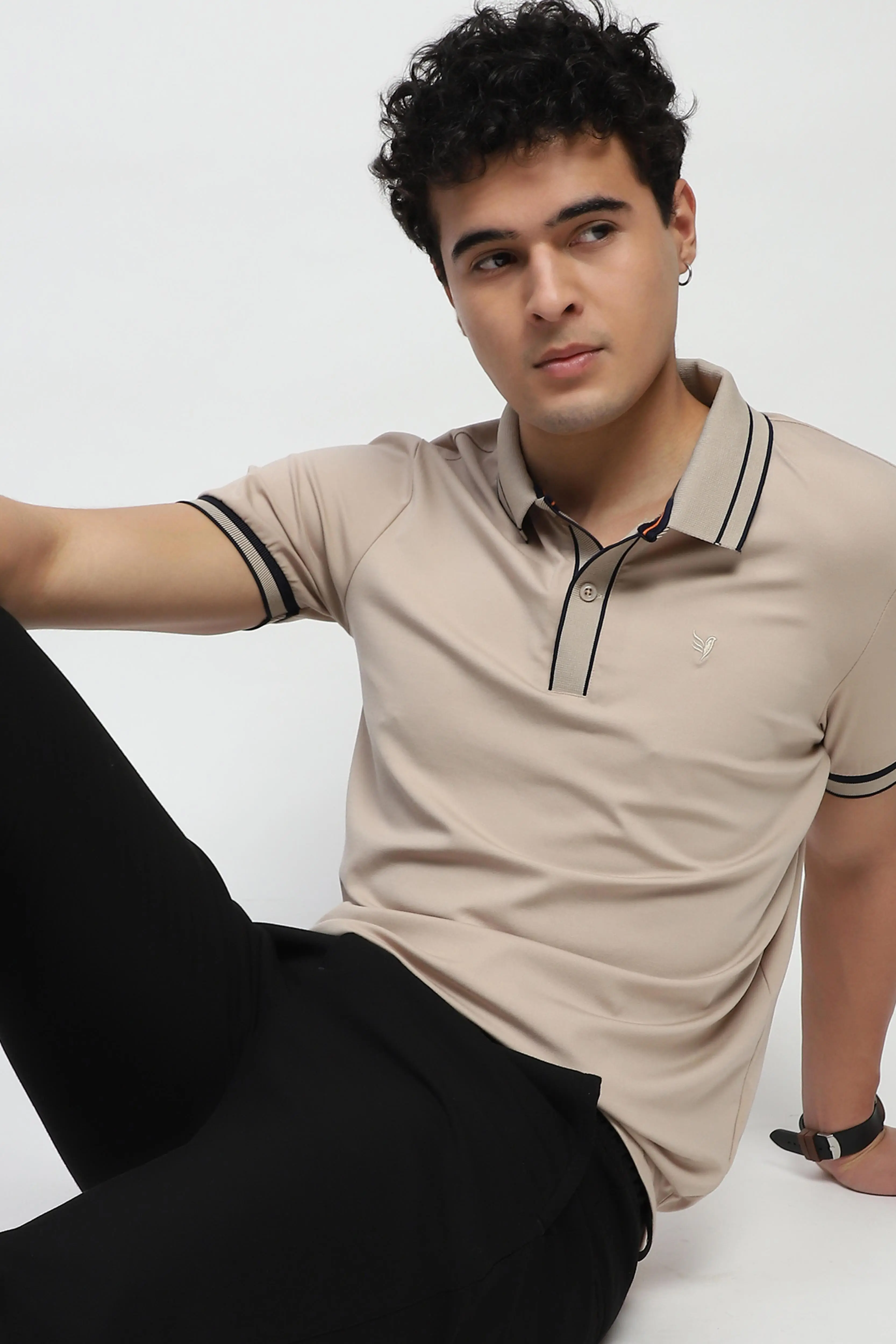 Beige Solid Cotton Blend Polo T-Shirt - Image 7