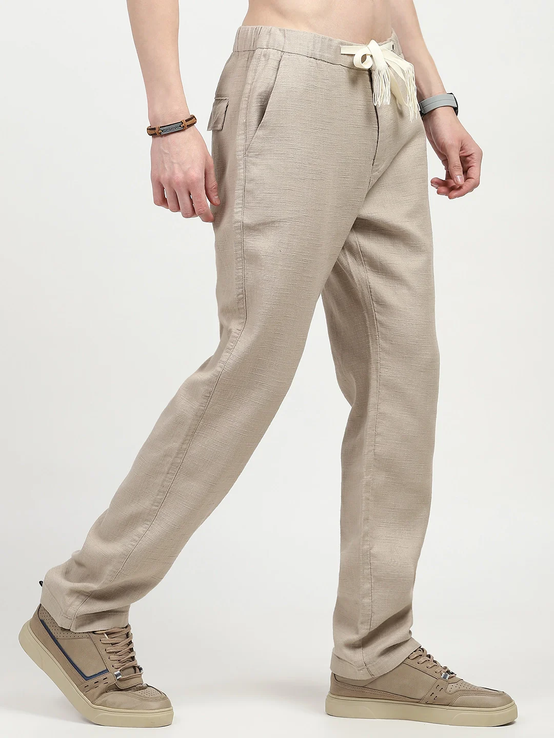 Beige Solid Cotton Loose Fit Trouser - Image 4