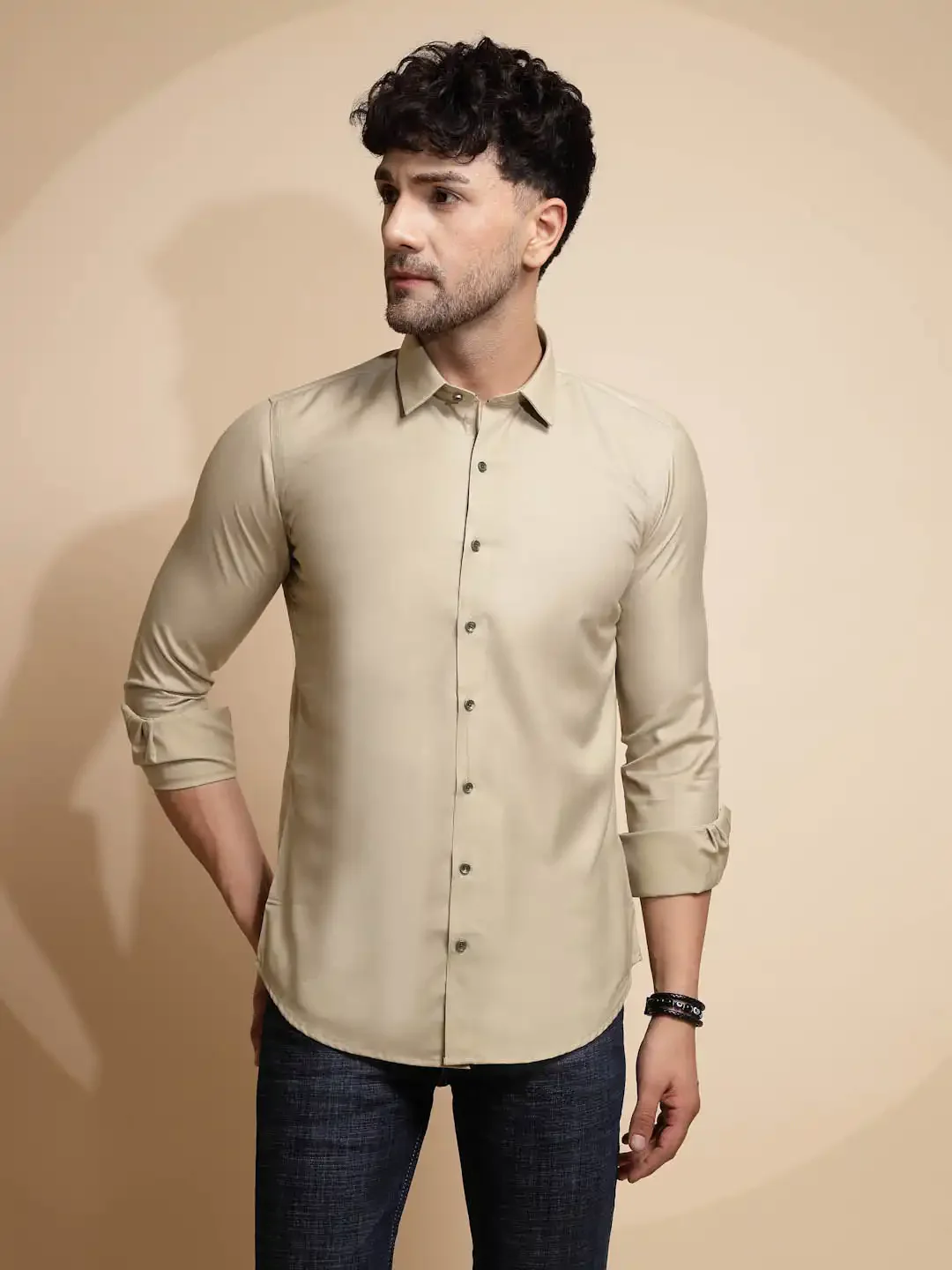 Beige Solid Full Sleeve Collared Neck Cotton Blend Shirt - Image 2