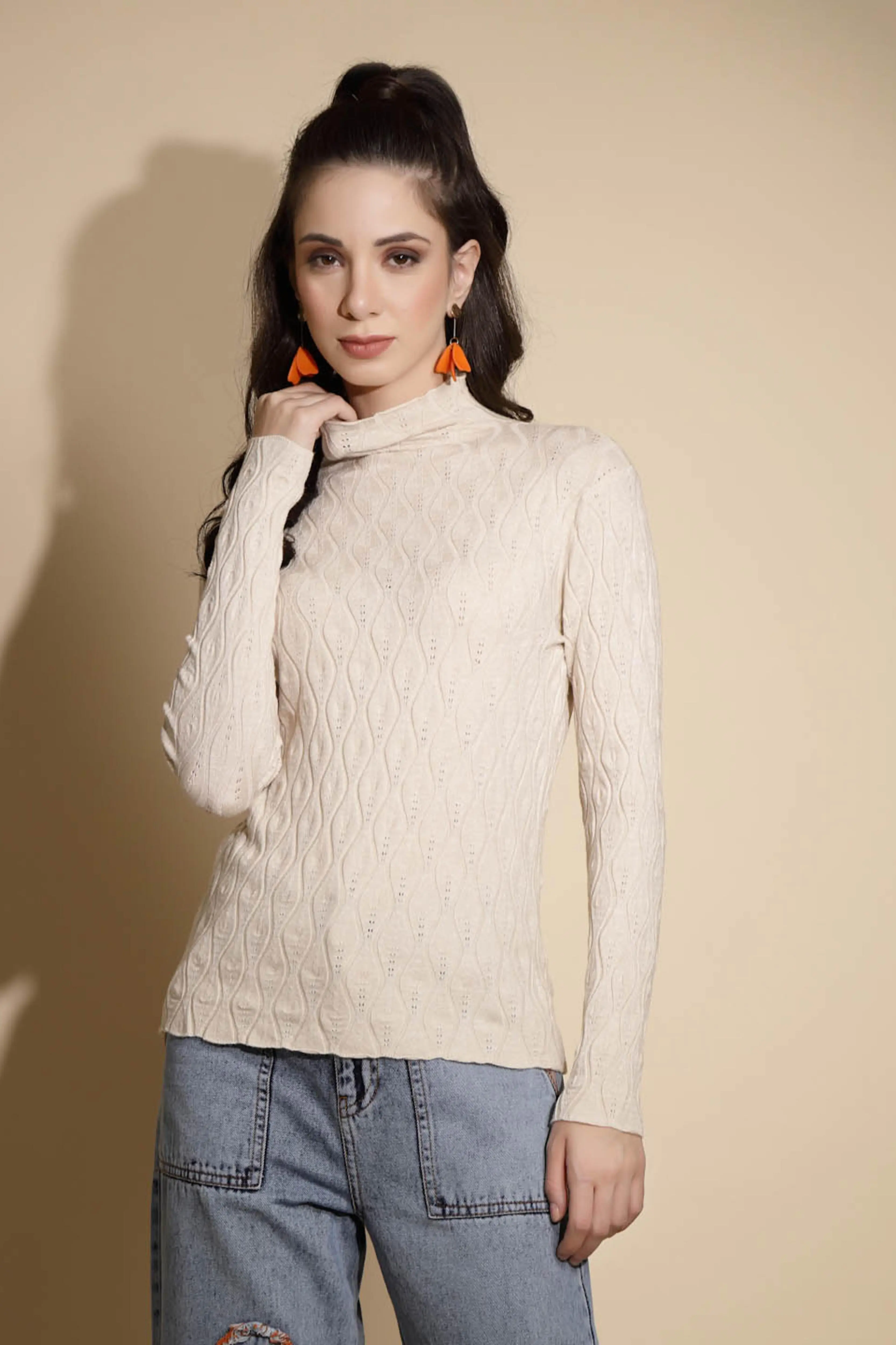 Beige Textured Turtle Neck Pullover