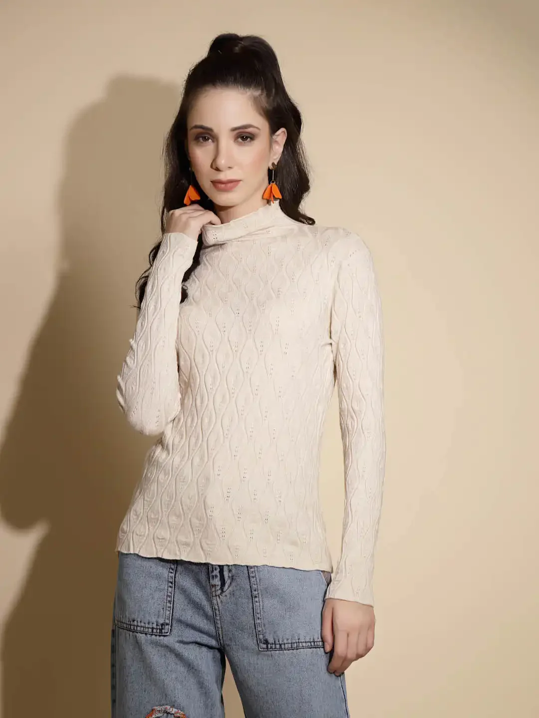 Beige Textured Turtle Neck Pullover - Image 9