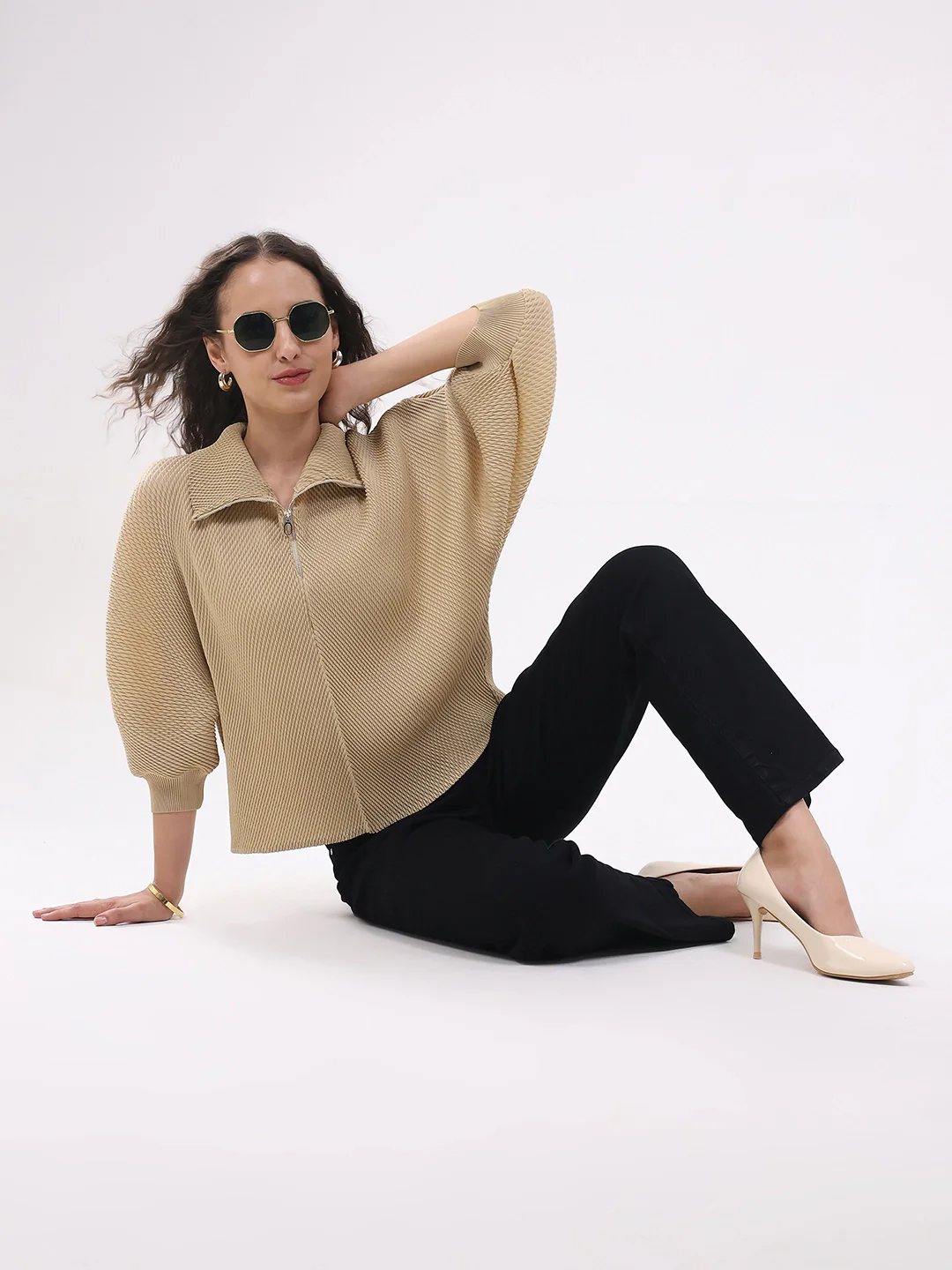 Beige Solid Pleated Blouson Top - Image 11