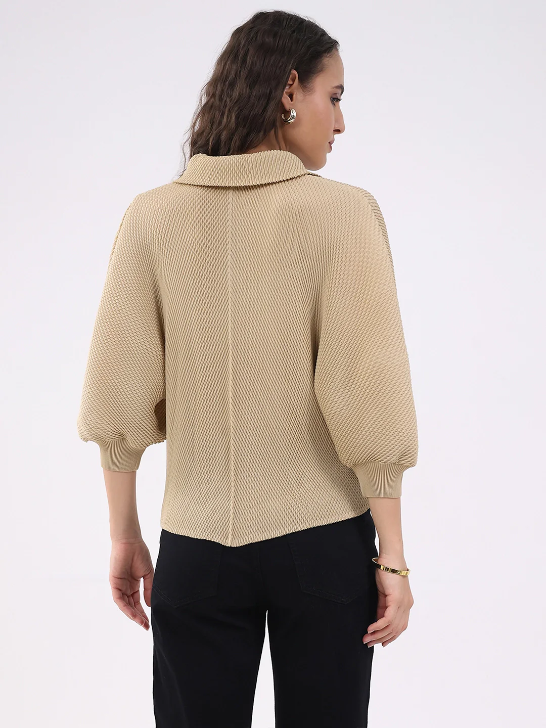 Beige Solid Pleated Blouson Top - Image 9