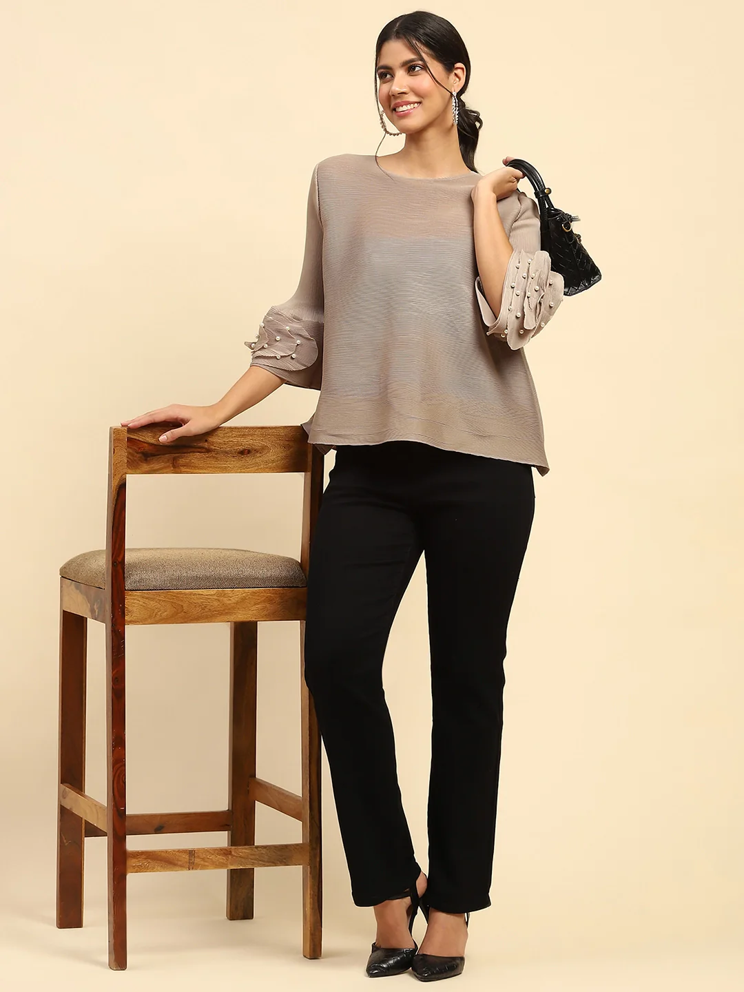 Beige Solid Loose Fit Pleated Blouse - Image 6