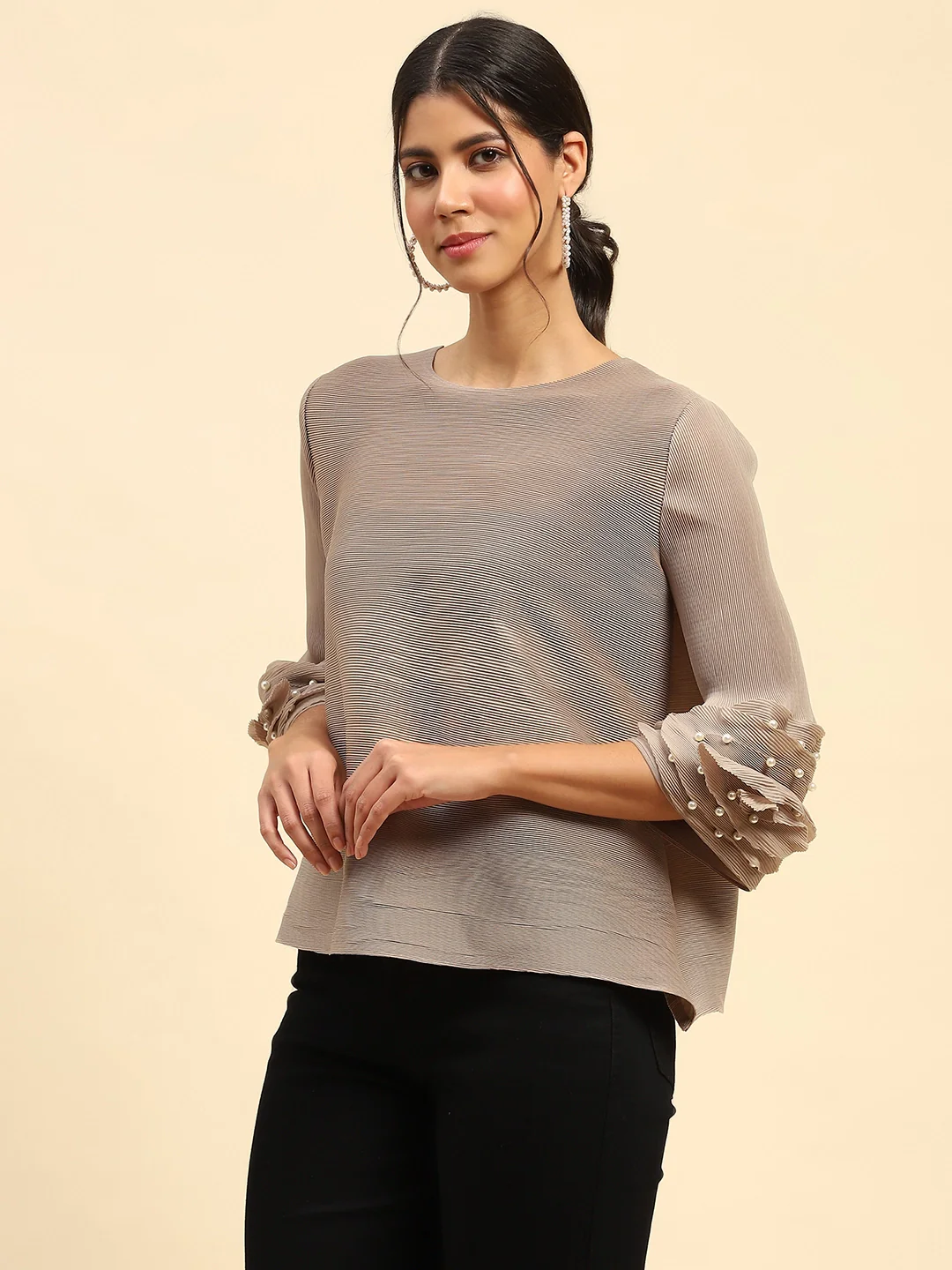 Beige Solid Loose Fit Pleated Blouse - Image 7