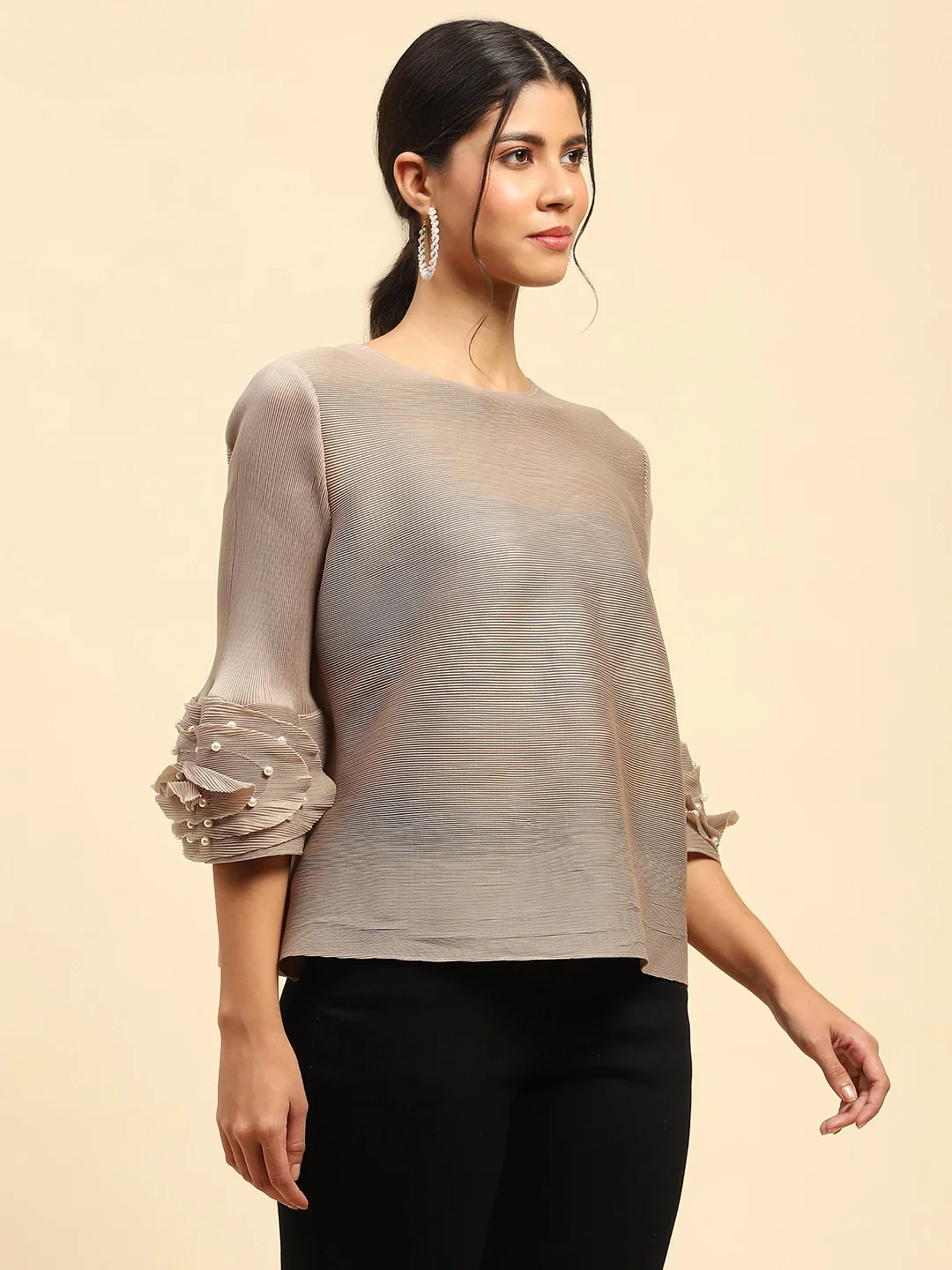Beige Solid Loose Fit Pleated Blouse - Image 8