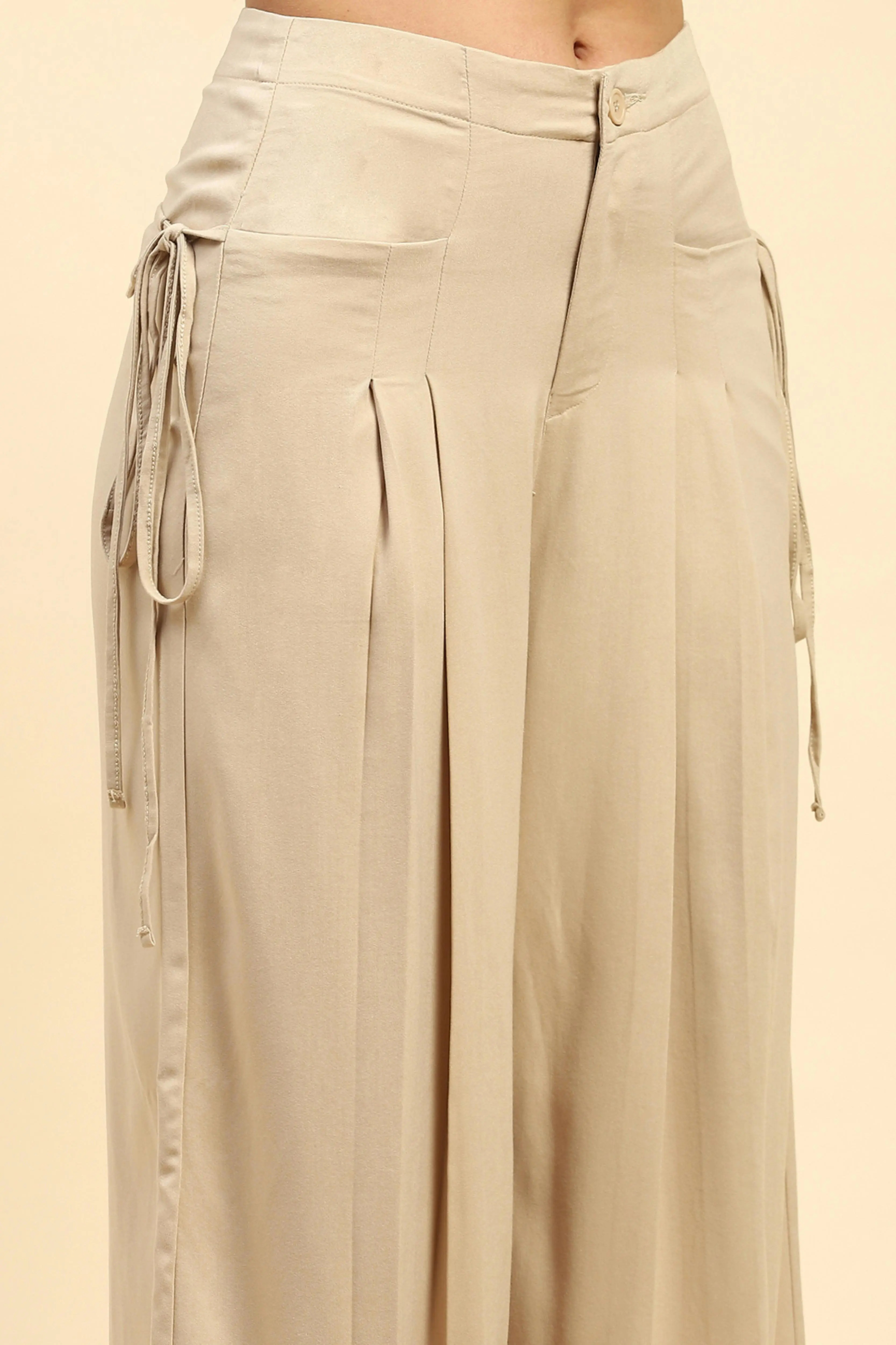 Beige Solid Cotton Loose Fit Palazzo - Image 5