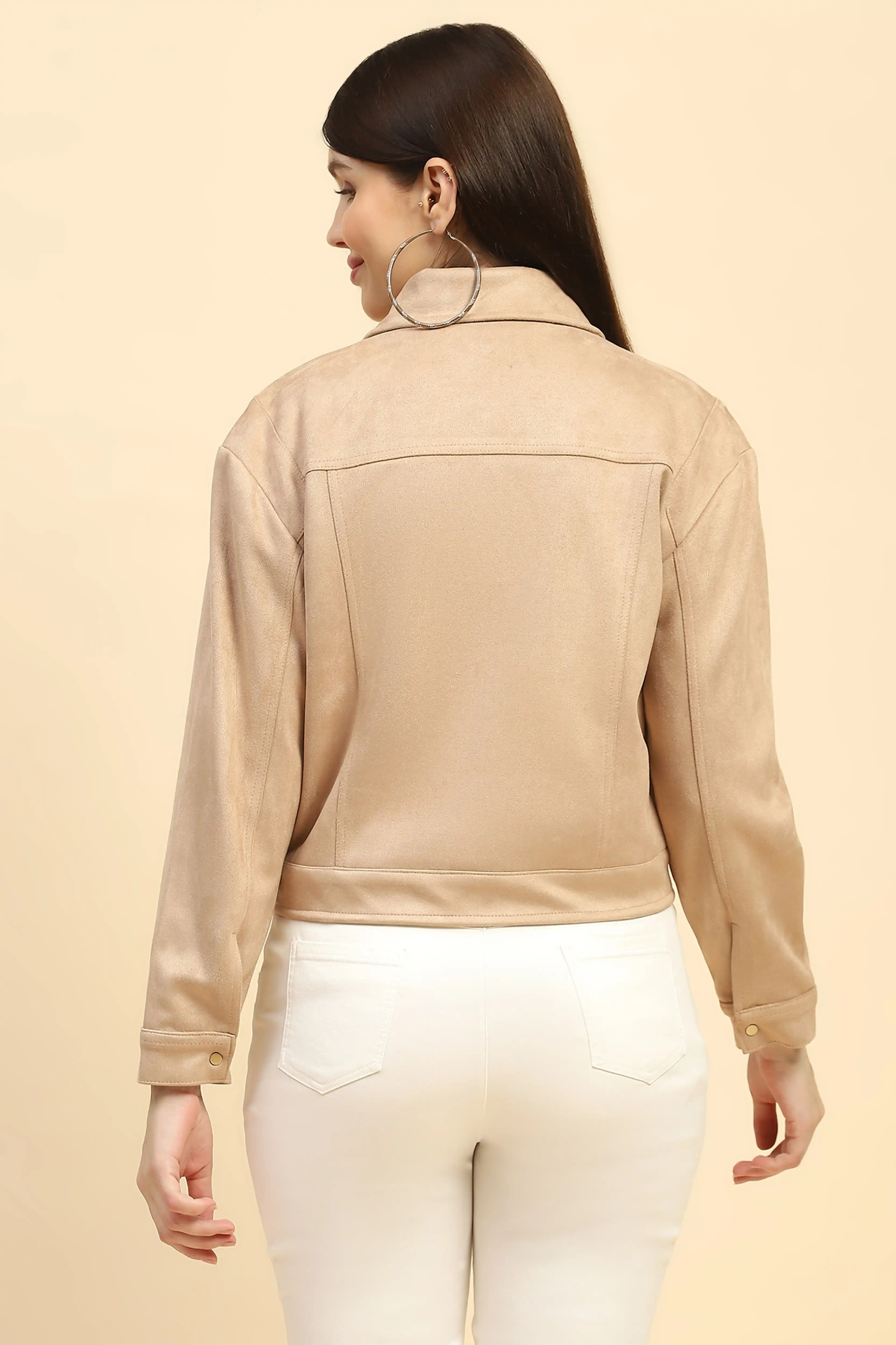 Beige Solid Suede Relaxed Fit Jacket - Image 4