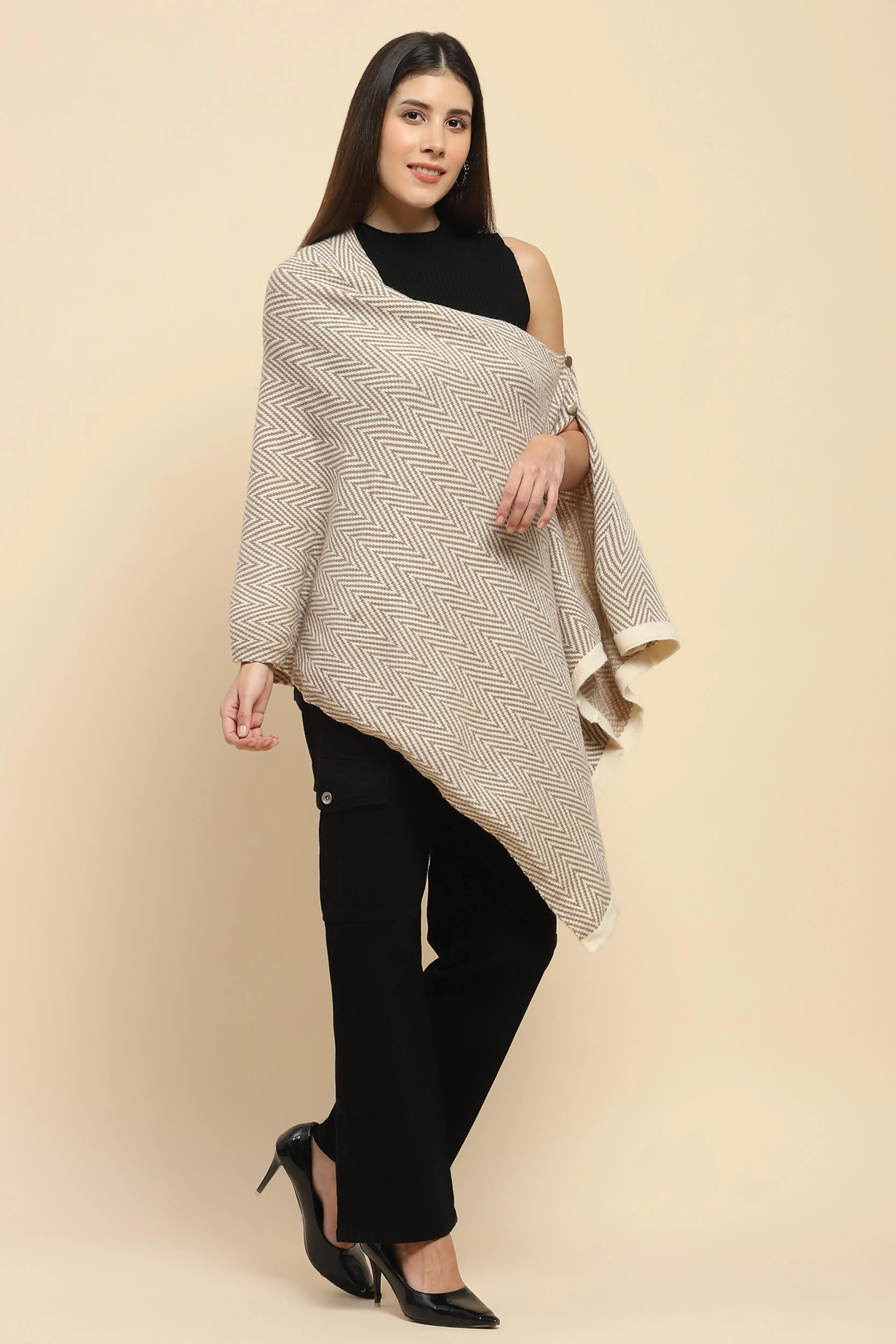 Beige Viscose Knitted Loose Cape/ Shawl - Image 3