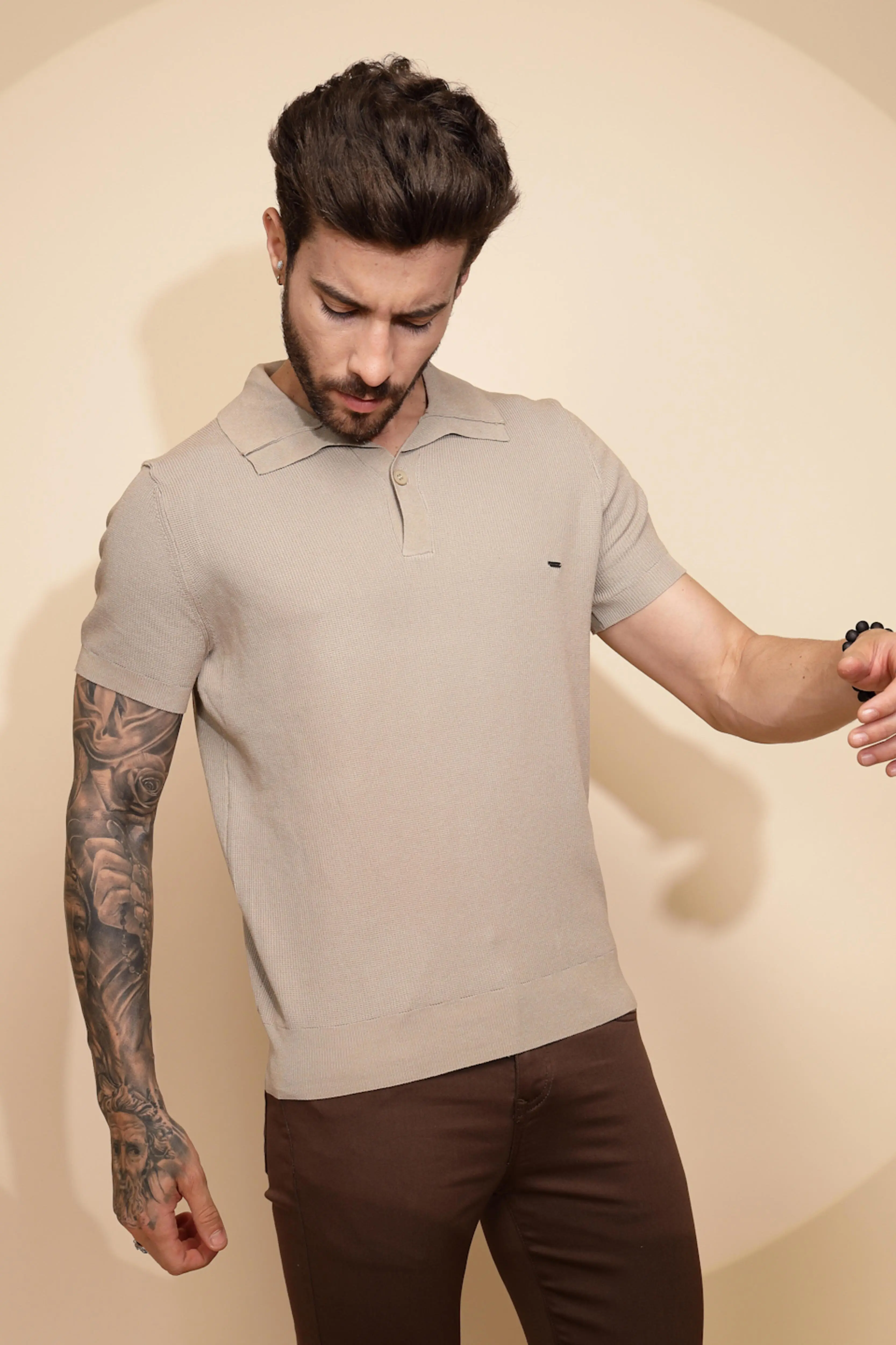 Beige Viscose Blend Regular Fit T-Shirt - Image 3