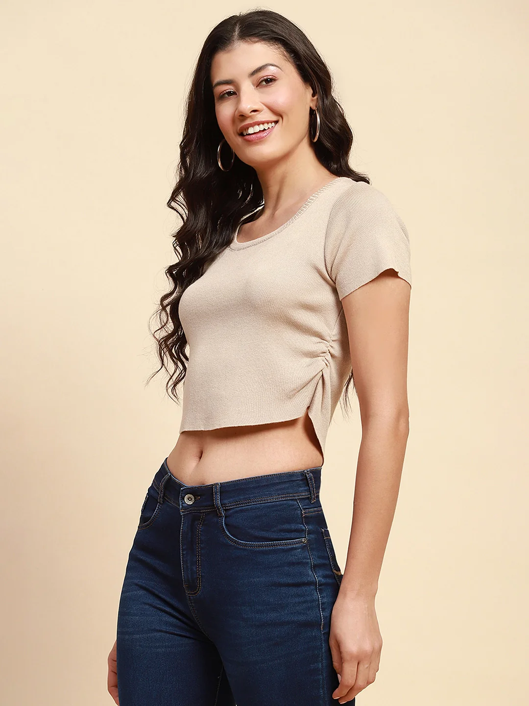 Beige Viscose Blend Crop Top - Image 3