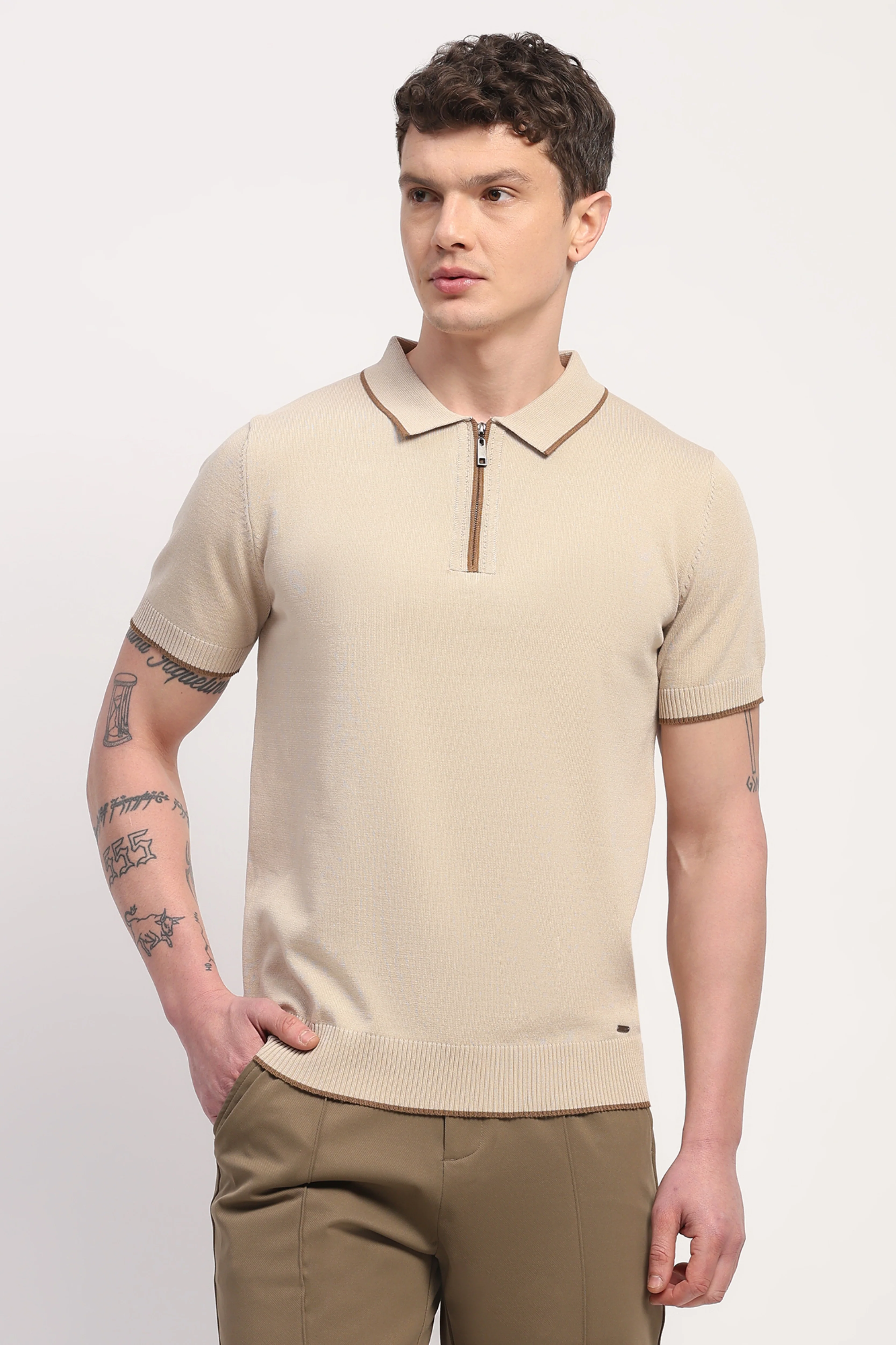 Beige Viscose Blend Solid T-Shirt - Image 2