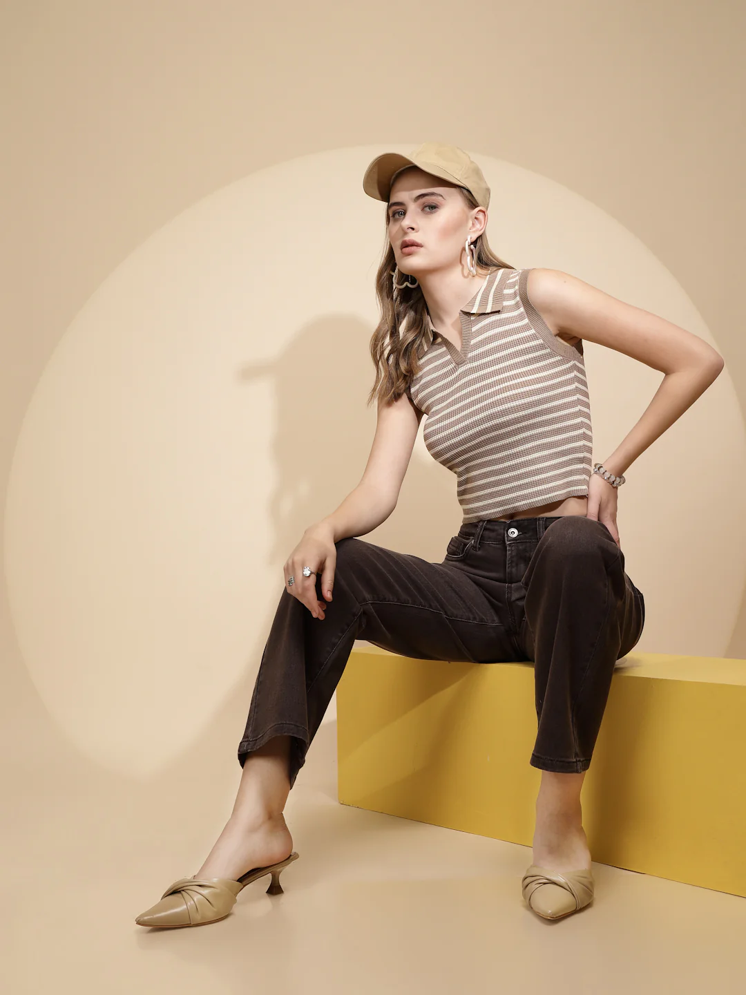 Beige Viscose Striped Slim Crop Top - Image 13